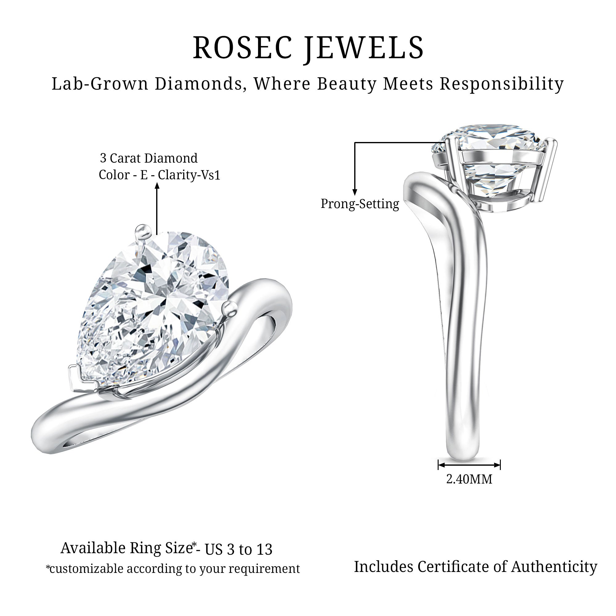 Rosec Jewels-3 Carat Pear Shaped Lab Grown Diamond East West Engagement Ring IGI Certified