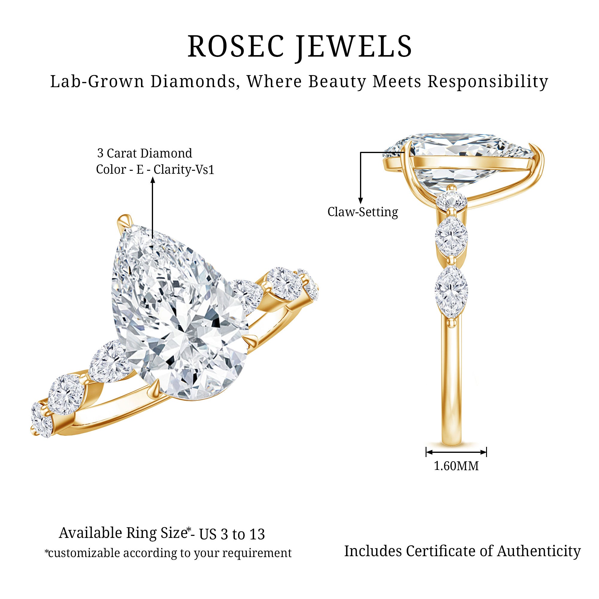 Rosec Jewels-Solitaire 3 Carat Pear Shaped Lab Diamond Designer Engagement Ring IGI Certified