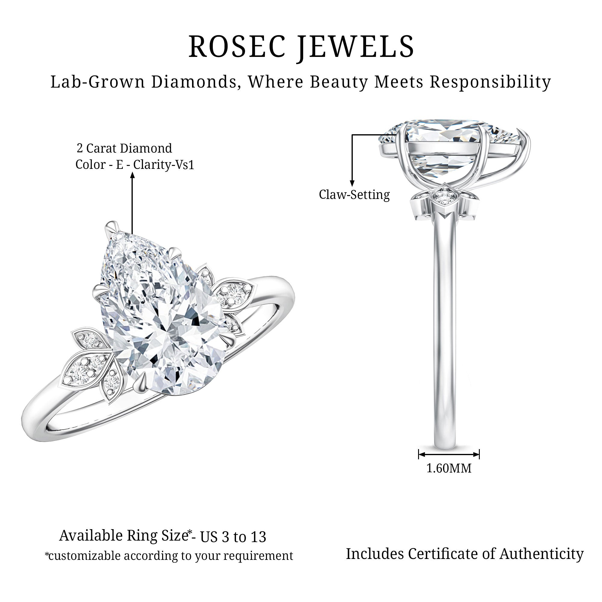 Rosec Jewels-Nature Inspired 2 Carat Lab Grown Diamond Pear Engagement Ring with IGI Certificate
