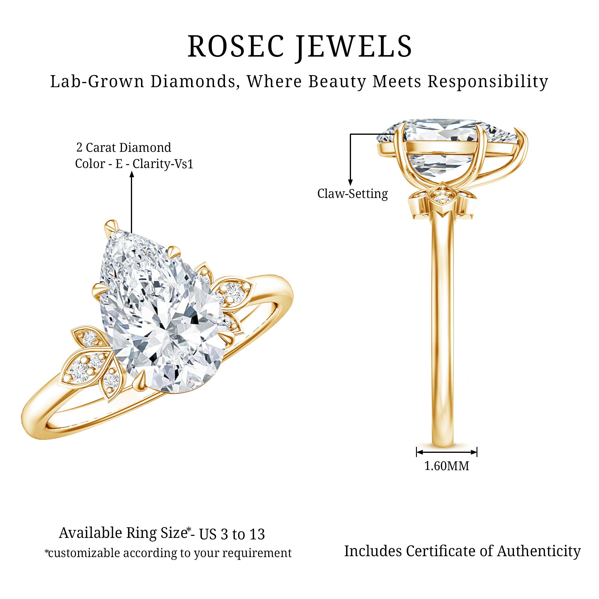 Rosec Jewels-Nature Inspired 2 Carat Lab Grown Diamond Pear Engagement Ring with IGI Certificate