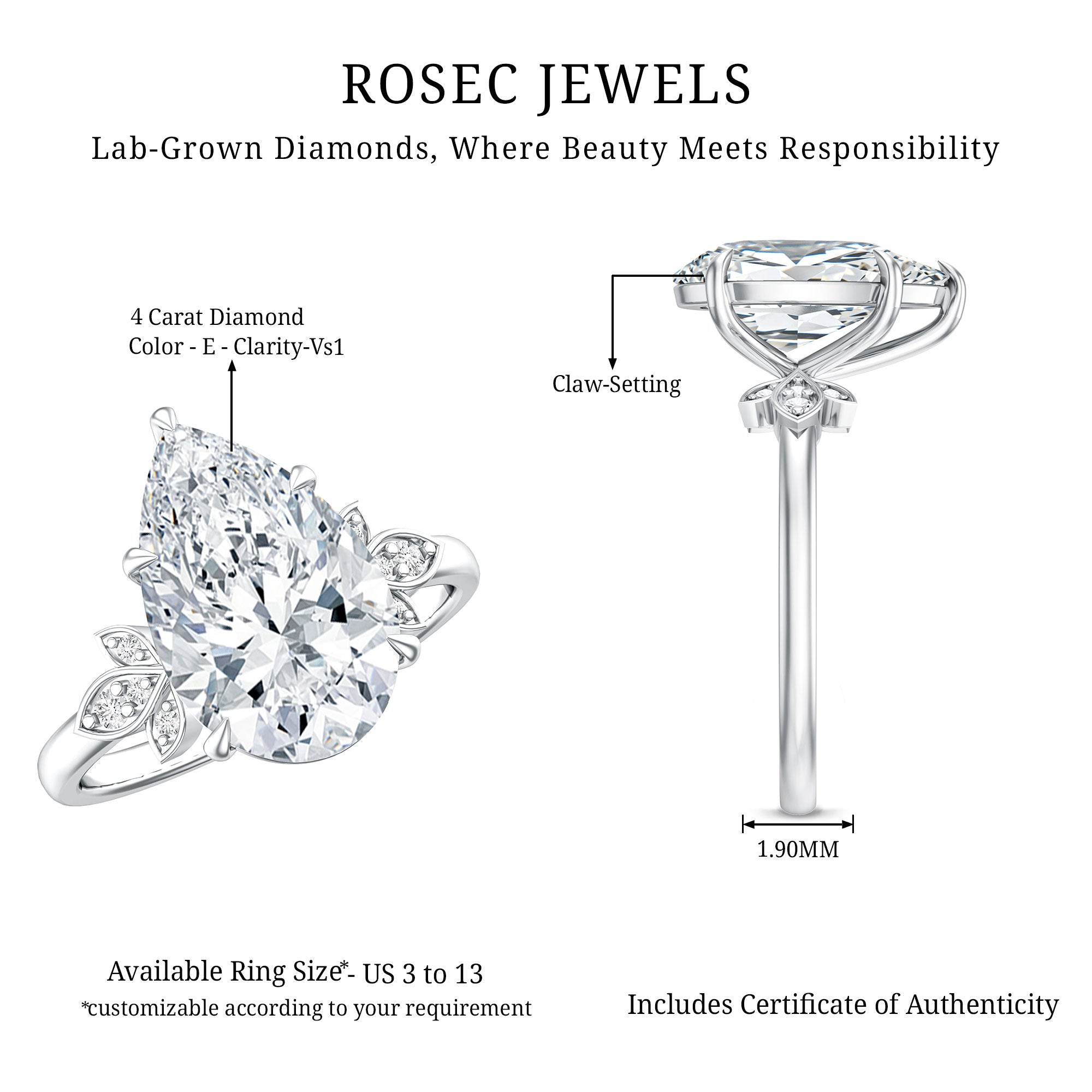 Rosec Jewels-IGI Certified Nature Inspired Lab Grown Diamond Pear Engagement Ring 4 Carat