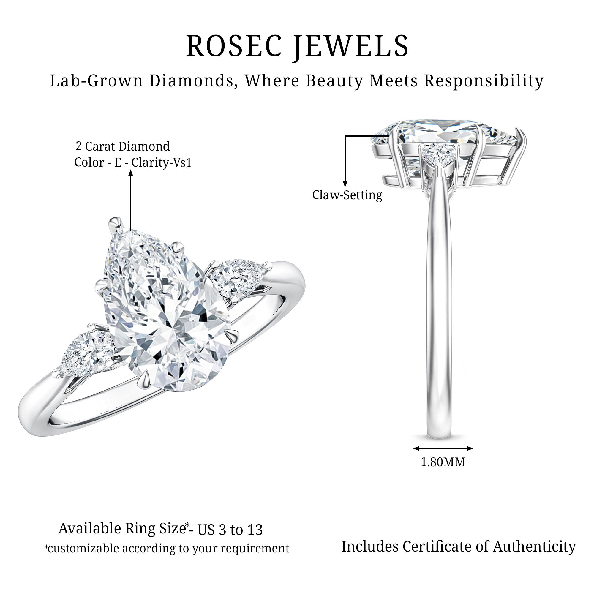Rosec Jewels-2 Carat Pear Lab Grown Diamond Three Stone Engagement Ring IGI Certified