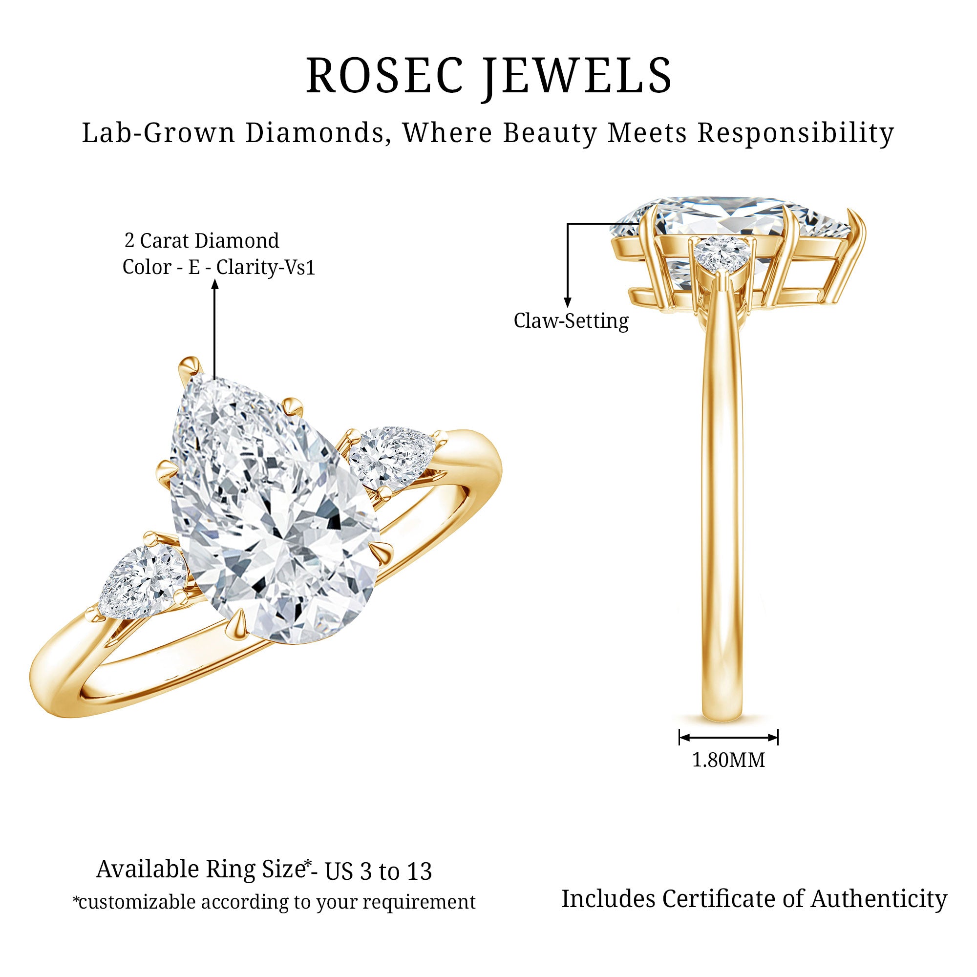 Rosec Jewels-2 Carat Pear Lab Grown Diamond Three Stone Engagement Ring IGI Certified