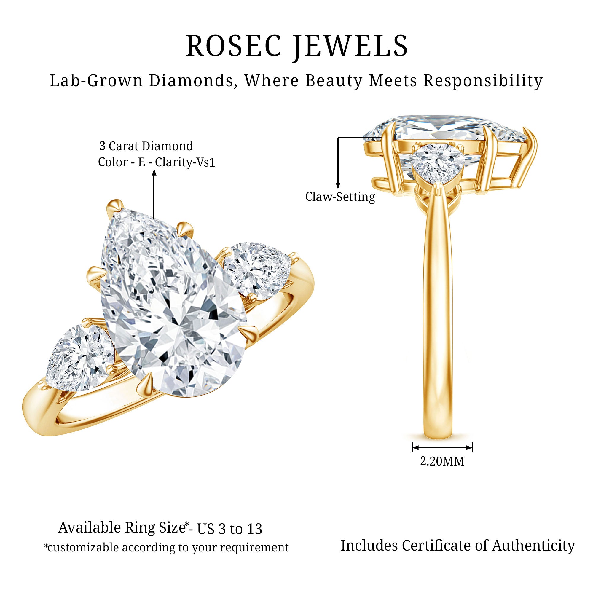 Rosec Jewels-Pear Shape 3 Carat Lab Grown Diamond Statement Ring for Women with IGI Certificate
