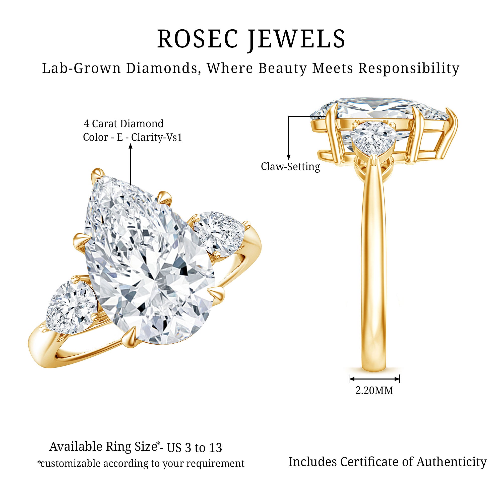 Rosec Jewels-4 Carat Lab Grown Diamond 3 Stone Engagement Ring with IGI Certified