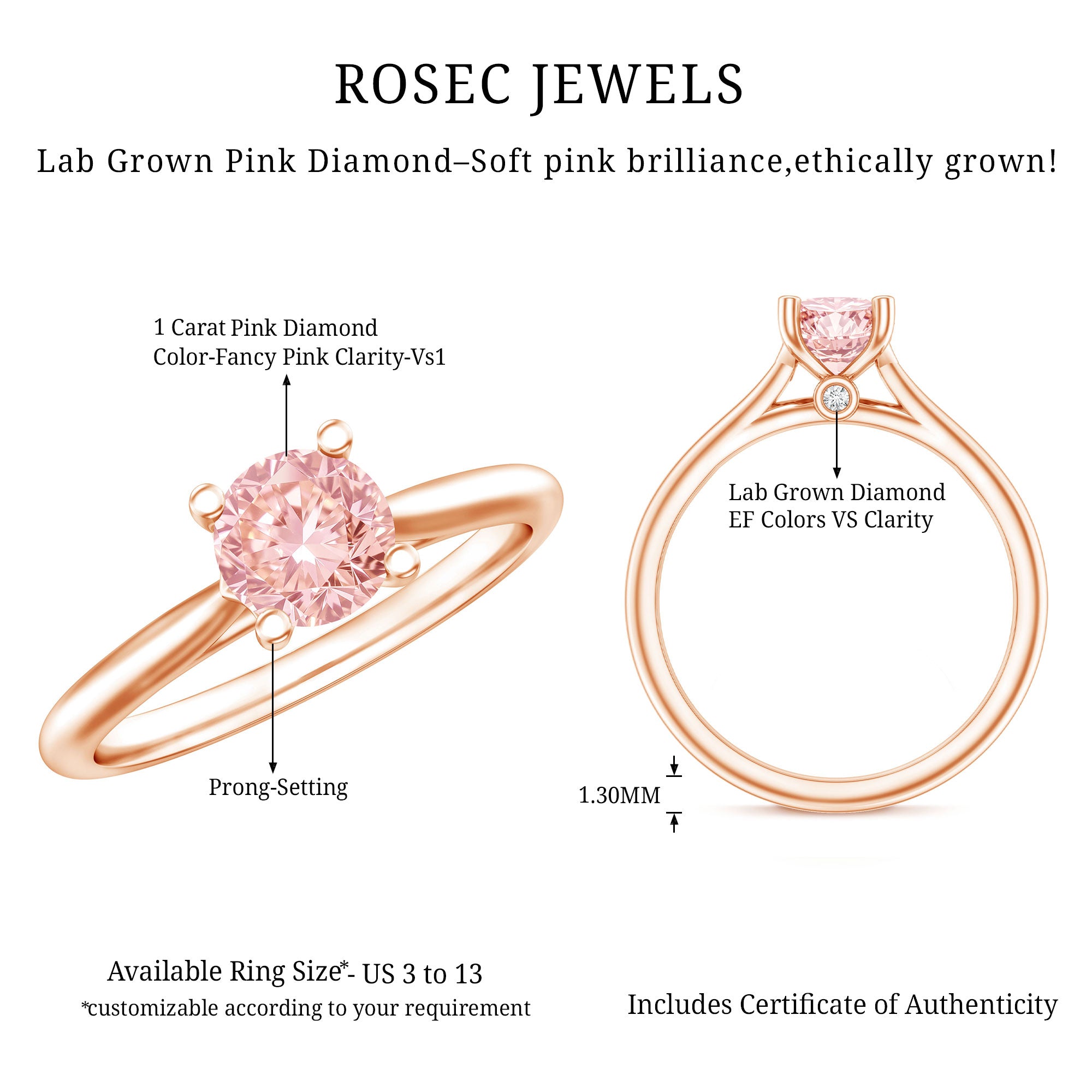 Rosec Jewels-1 Carat Round Lab Grown Pink Diamond Solitaire Ring with IGI Certificate