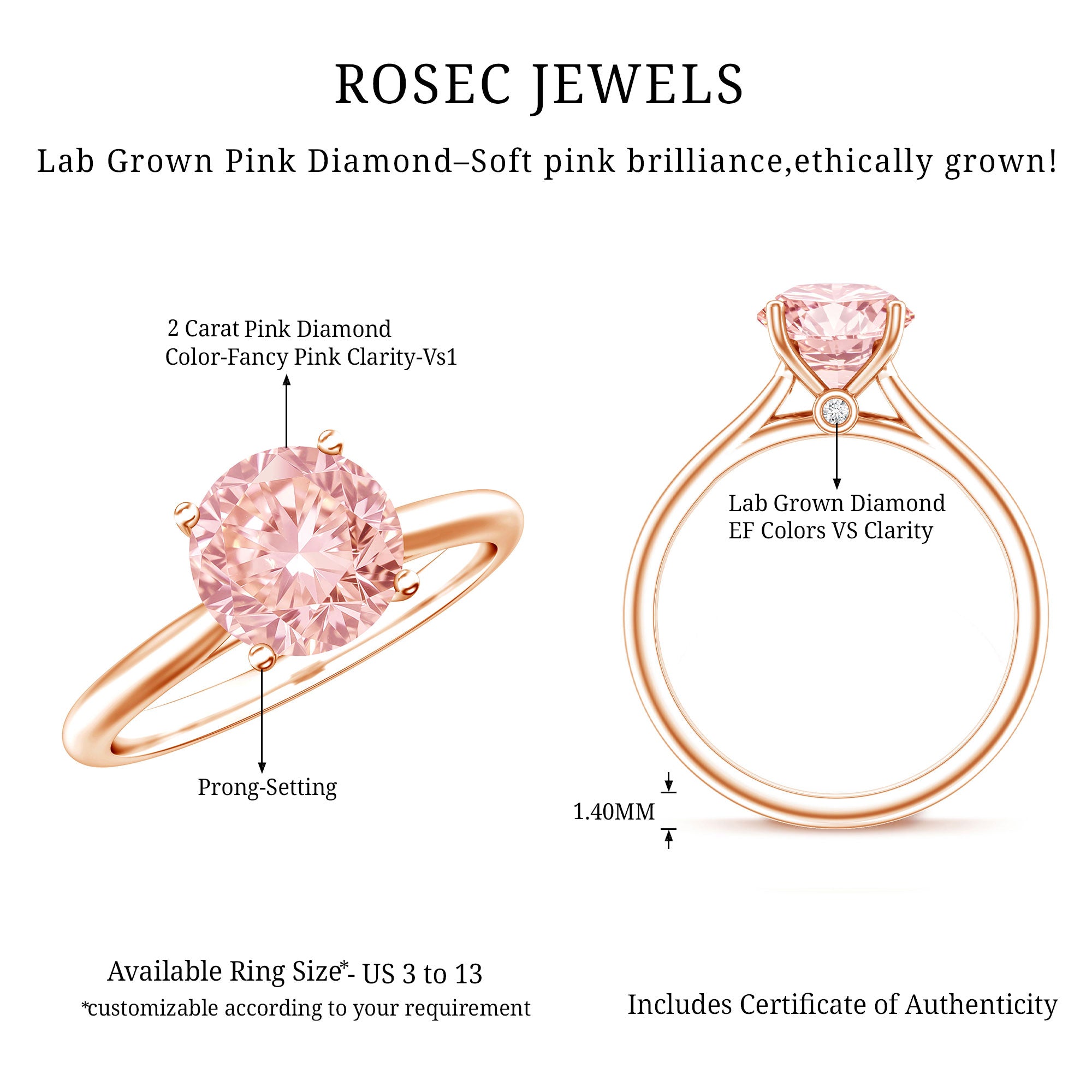 Rosec Jewels-IGI Certified Round Lab Grown Pink Diamond 2 Carat Engagement Ring for Women