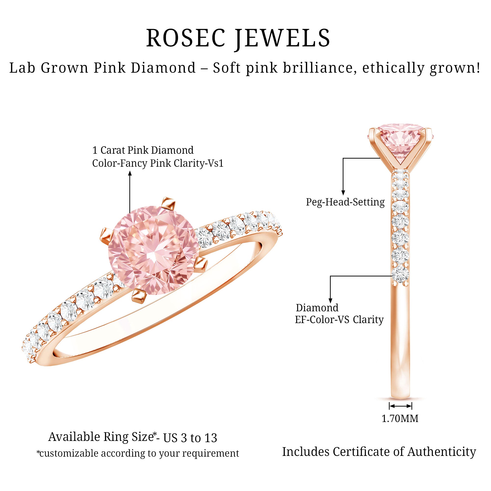 Rosec Jewels-IGI Certified 1 Carat Lab Pink Diamond Classic Engagement Ring with Side Stones