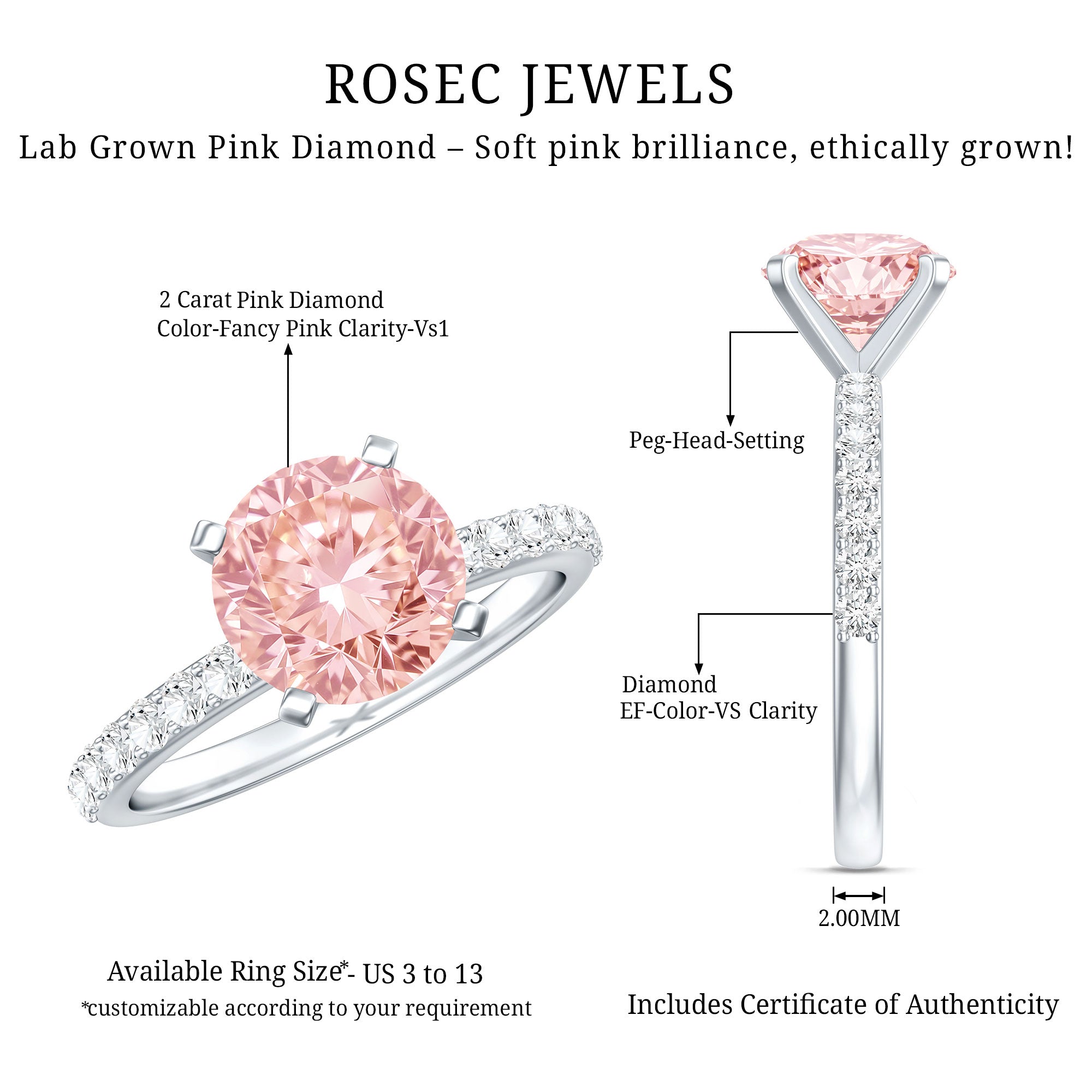 Rosec Jewels-IGI Certified 2 Carat Lab Grown Pink and White Diamond Engagement Ring for Her