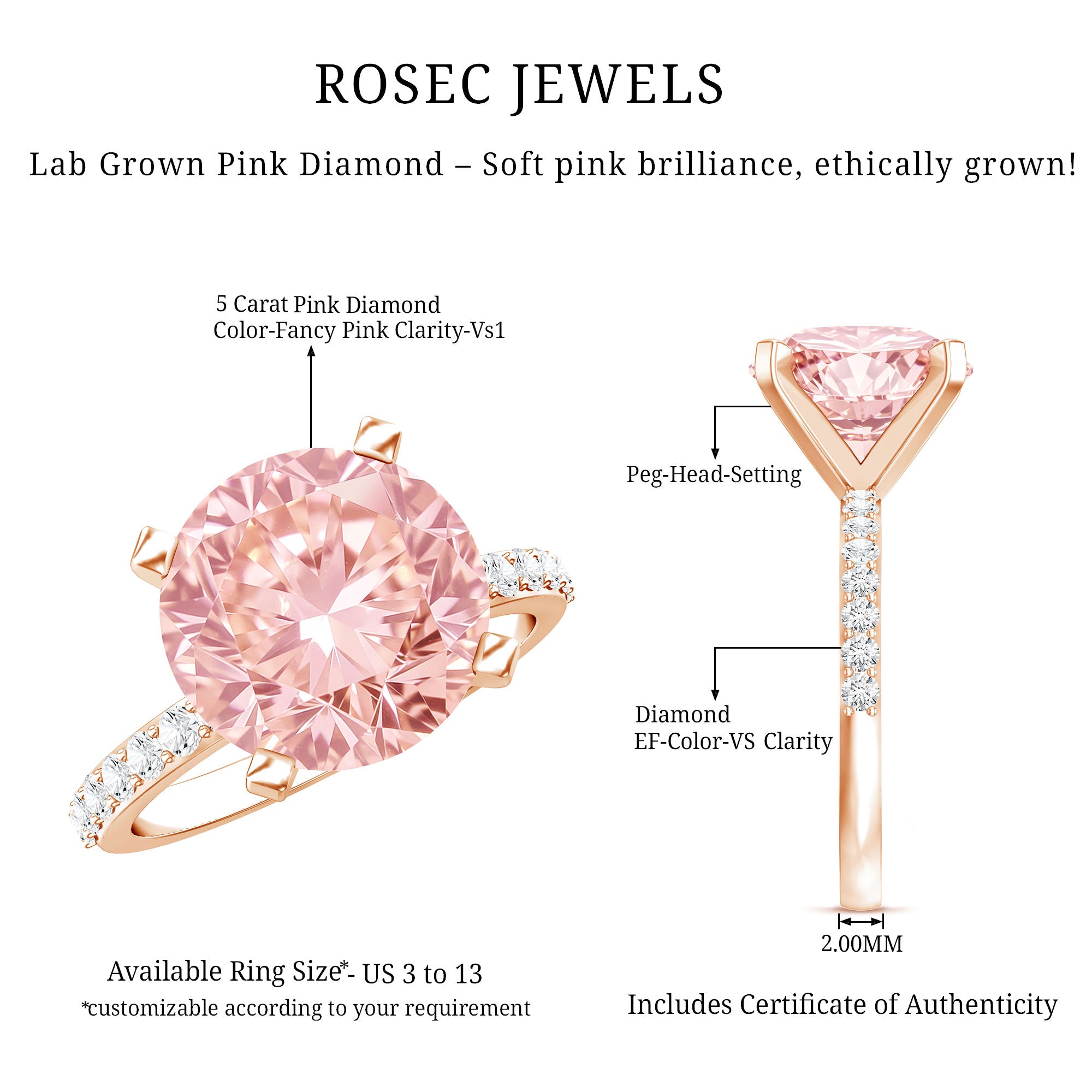 Rosec Jewels-5 Carat IGI Certified Lab Created Pink Diamond Statement Ring with Side Stones
