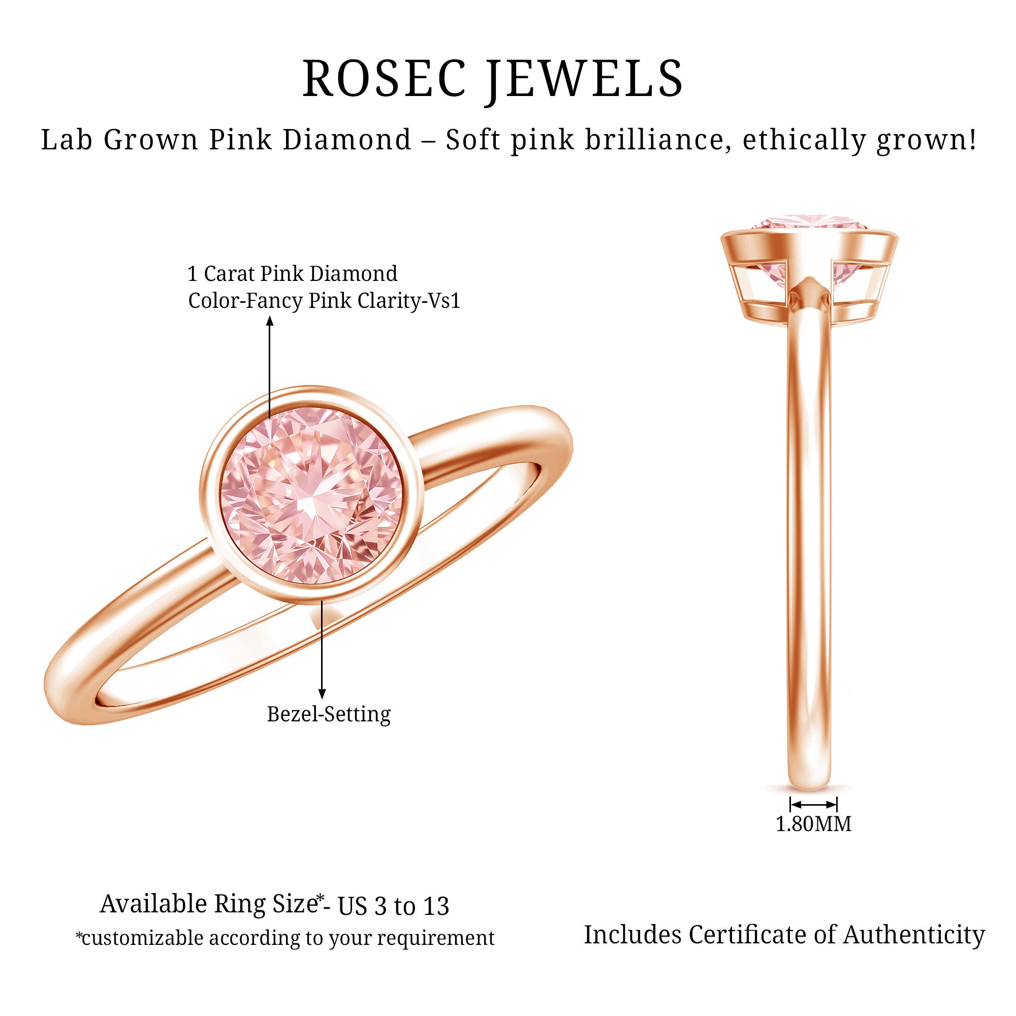 Rosec Jewels-1 Carat Round Lab Grown Pink Diamond Solitaire Engagement Ring IGI Certified