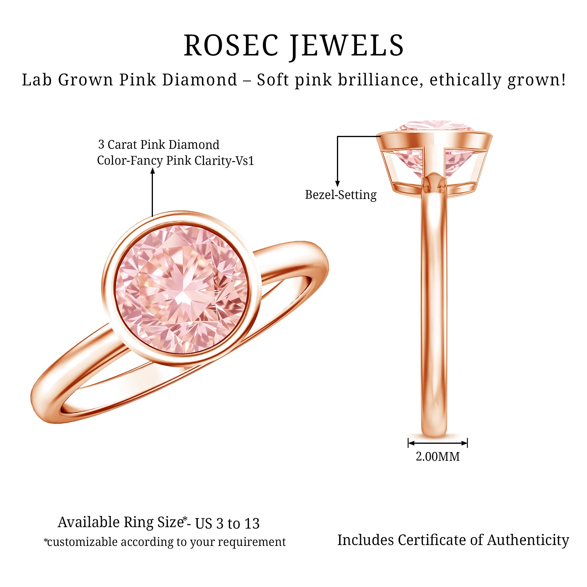 IGI Certified Lab Grown Pink Diamond 3 Carat Round Engagement Ring in Bezel Setting Fancy Pink - VS1 - Rosec Jewels