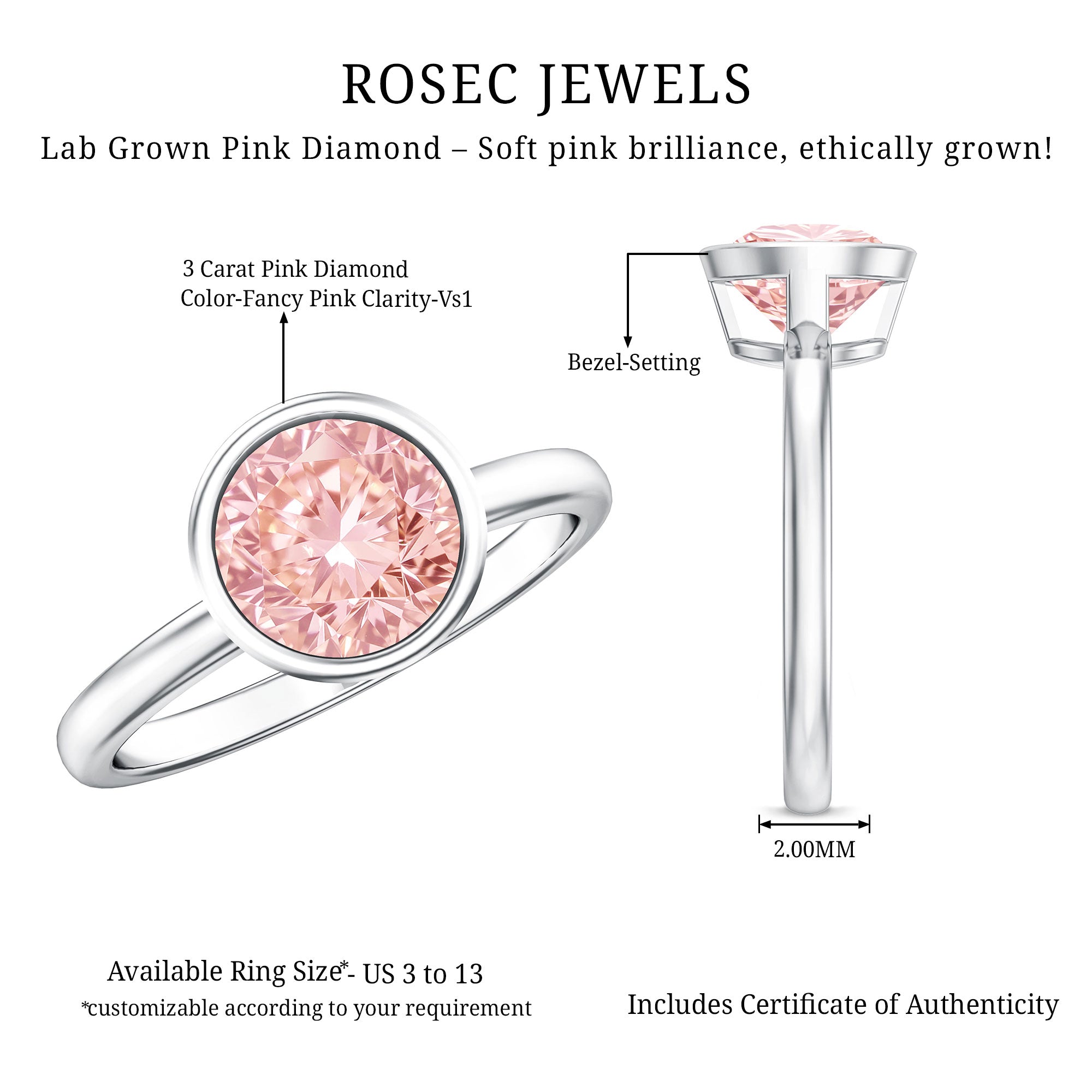 IGI Certified Lab Grown Pink Diamond 3 Carat Round Engagement Ring in Bezel Setting Fancy Pink - VS1 - Rosec Jewels