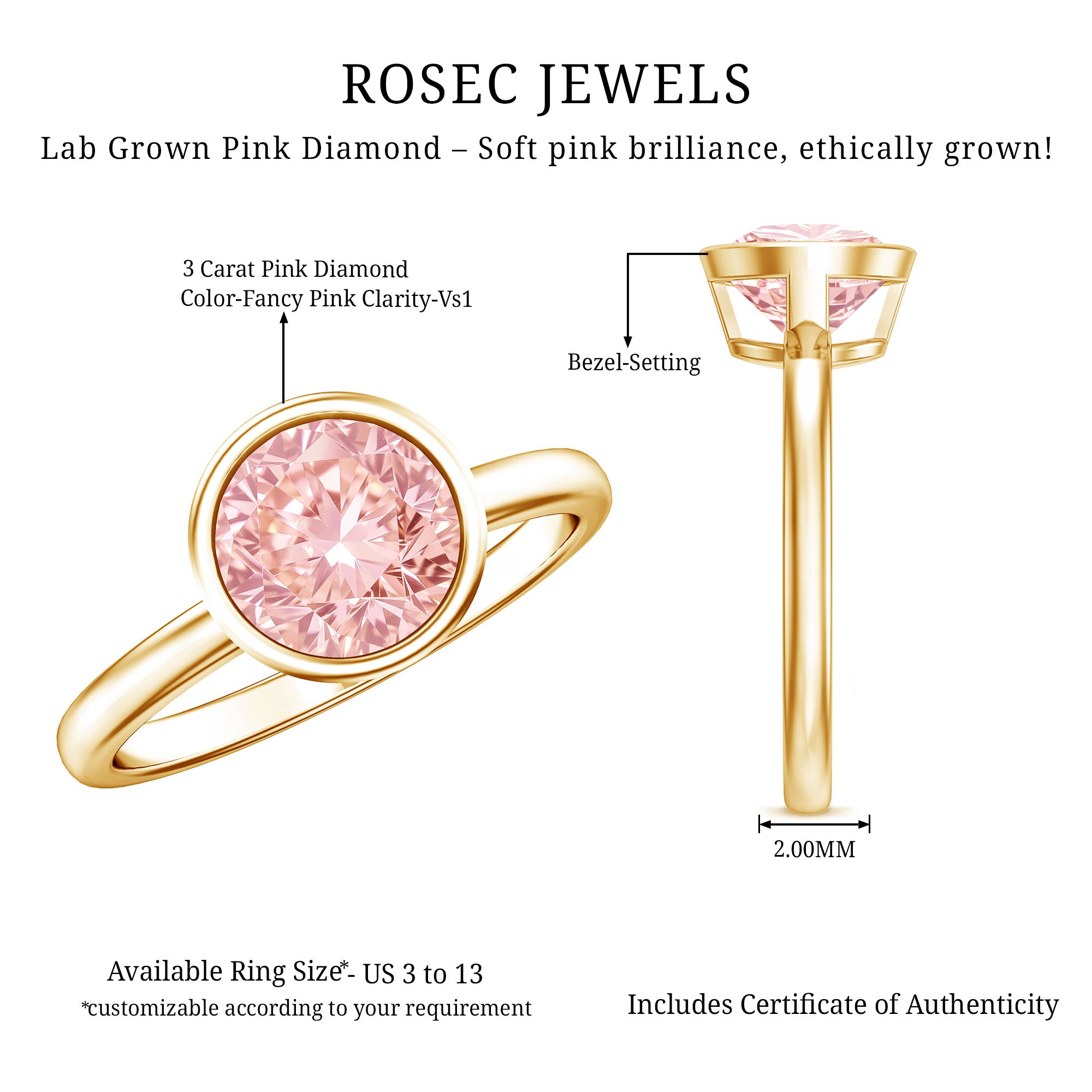 IGI Certified Lab Grown Pink Diamond 3 Carat Round Engagement Ring in Bezel Setting Fancy Pink - VS1 - Rosec Jewels
