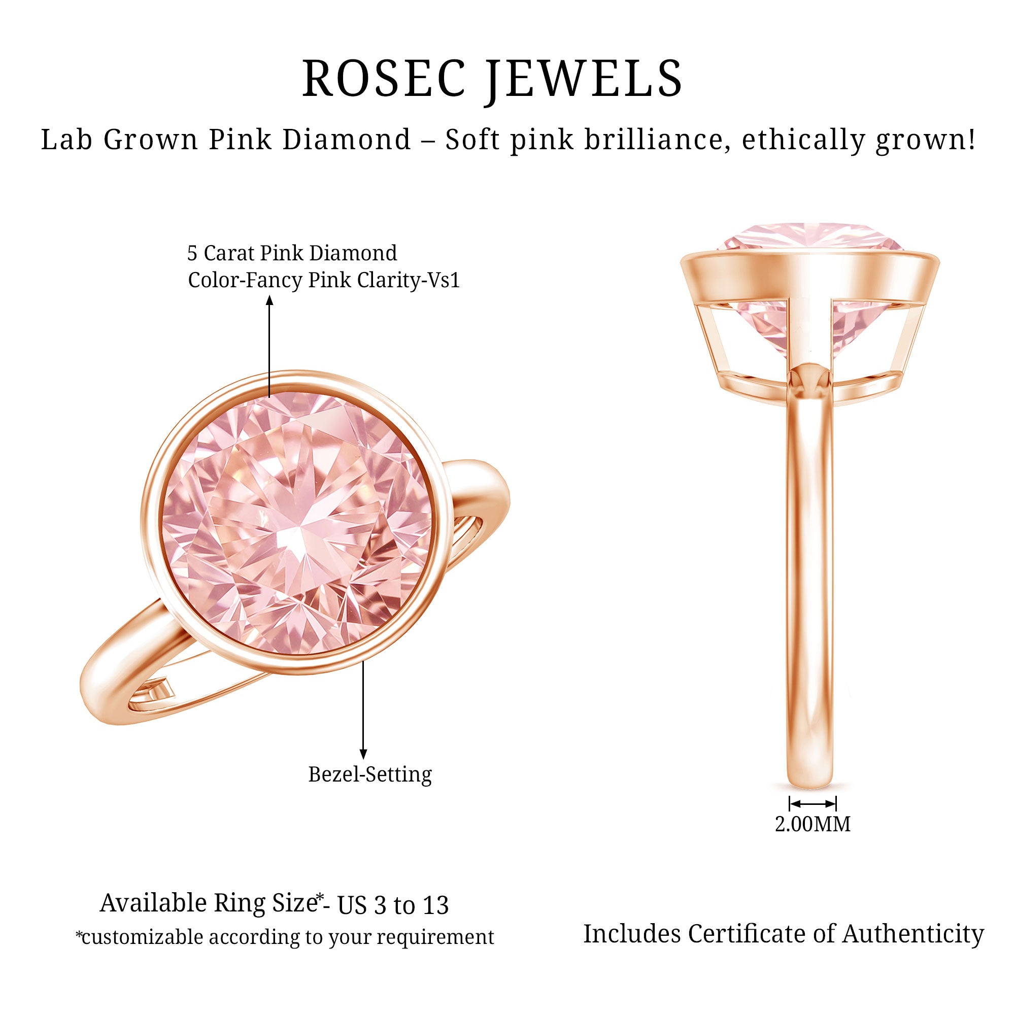 Rosec Jewels-Large 5 Carat Lab Grown Pink Diamond Bezel Engagement Ring with IGI Certificate