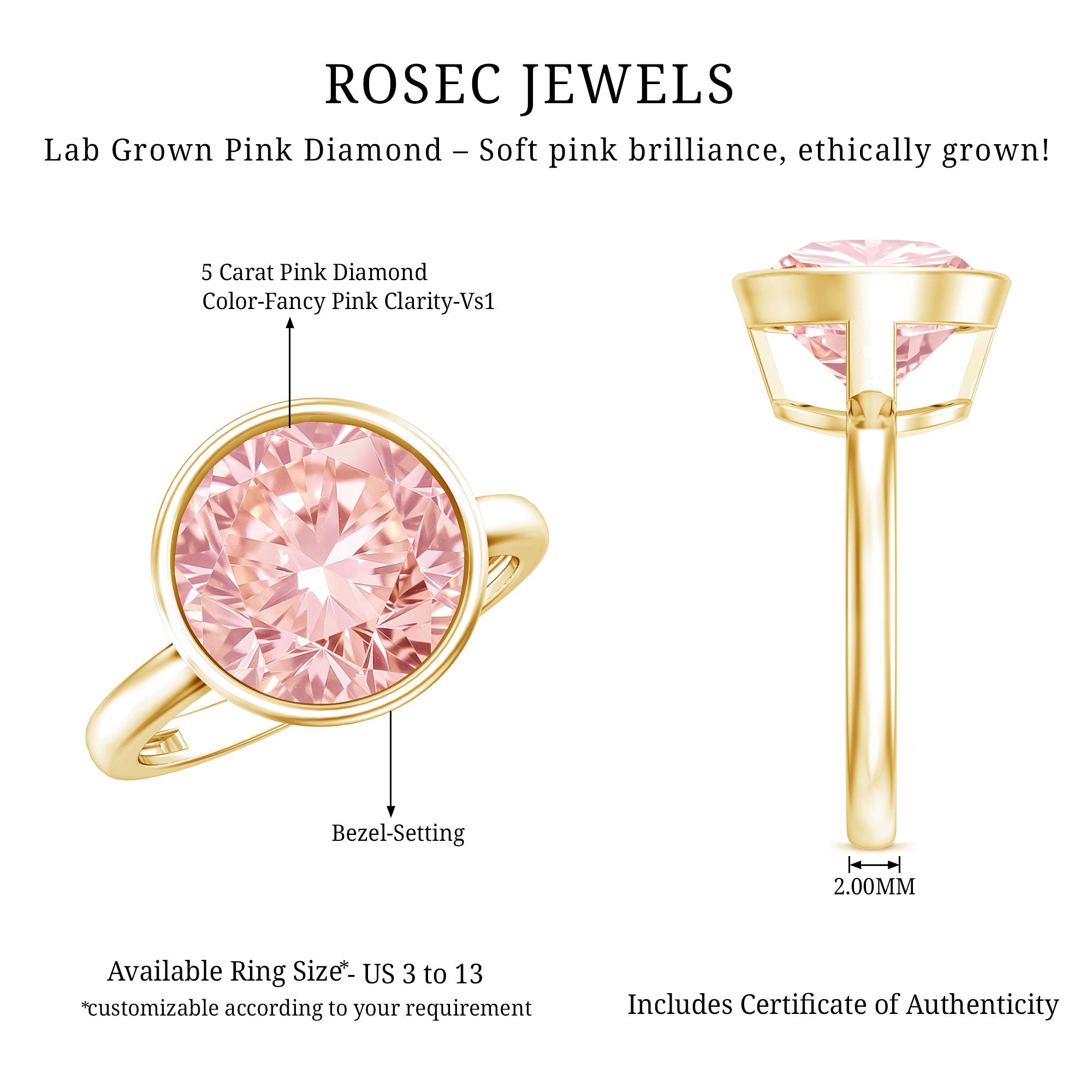 Rosec Jewels-Large 5 Carat Lab Grown Pink Diamond Bezel Engagement Ring with IGI Certificate