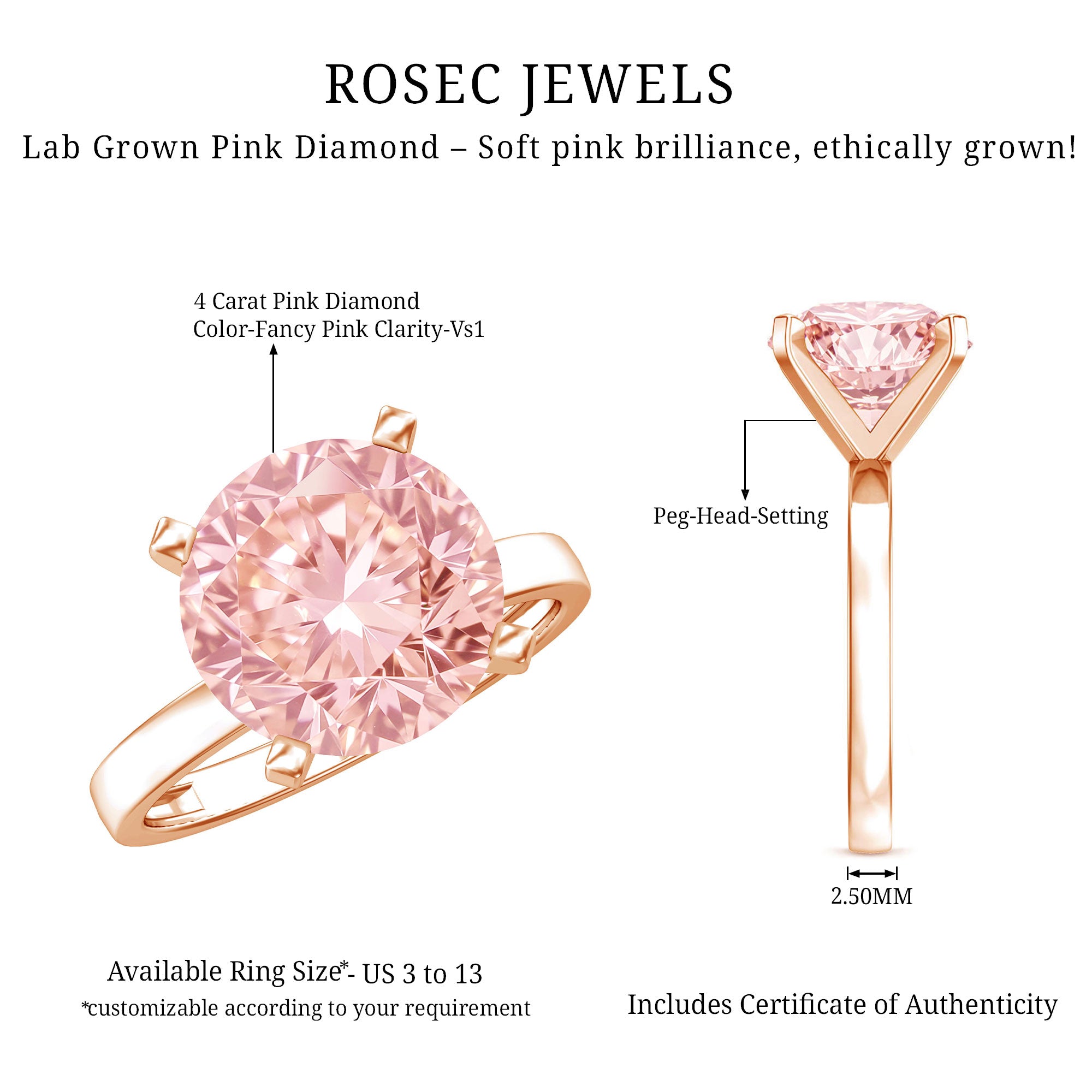 Rosec Jewels-Peg Headset Solitaire 4 Carat Lab Grown Pink Diamond Engagement Ring IGI Certified