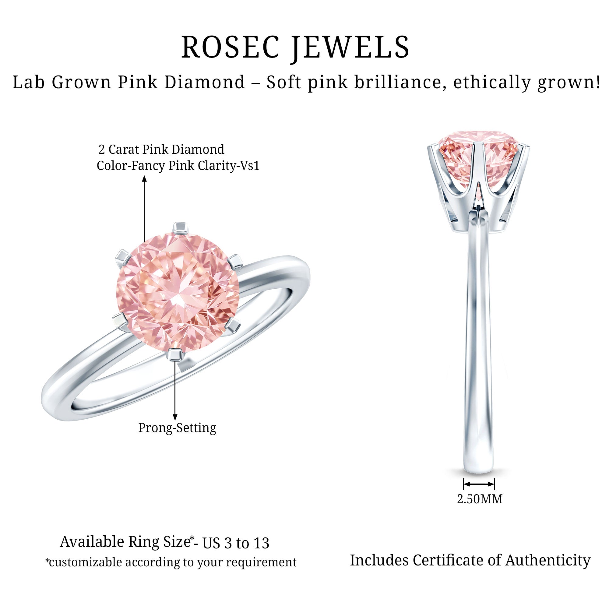 Rosec Jewels-IGI Certified 2 Carat Lab Grown Pink Diamond Solitaire Engagement Ring For Her