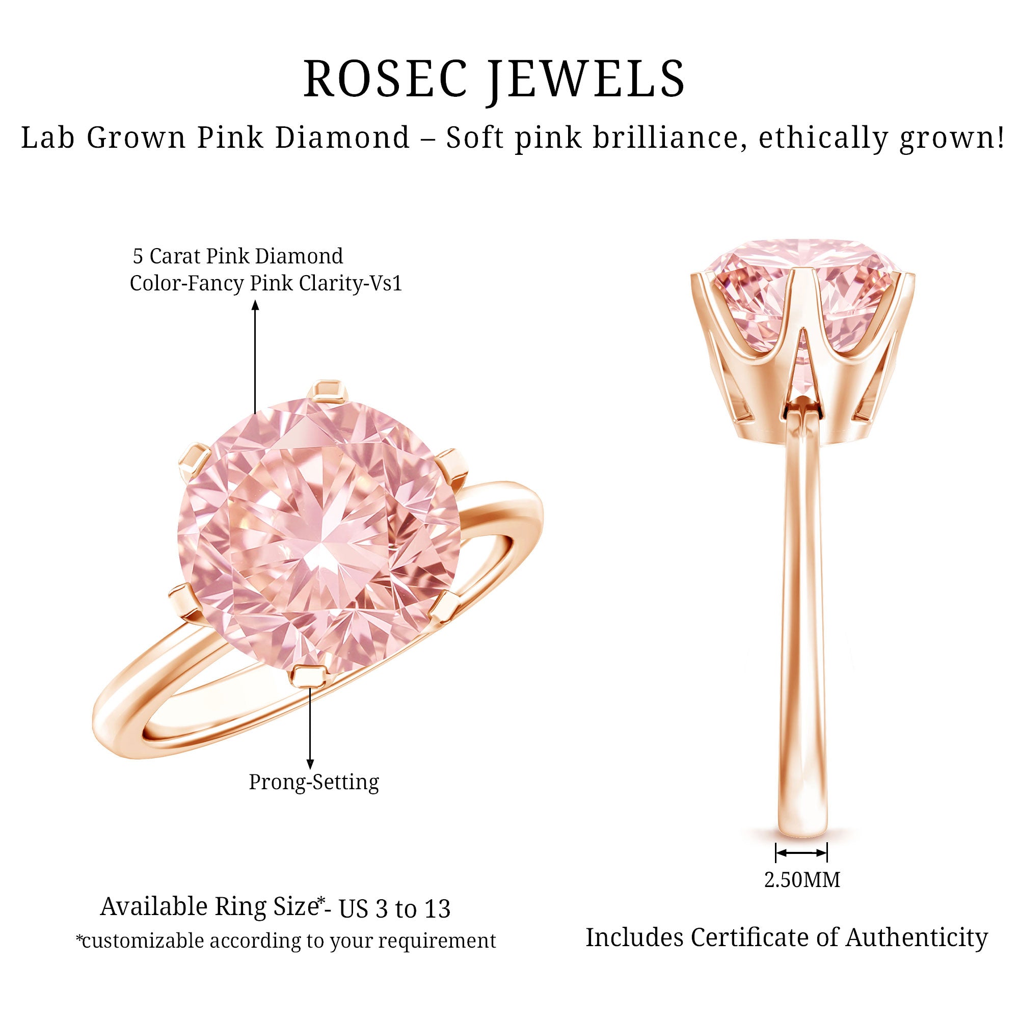 Rosec Jewels-Round 5 Carat Lab Grown Pink Diamond Solitaire Engagement Ring with IGI Certificate
