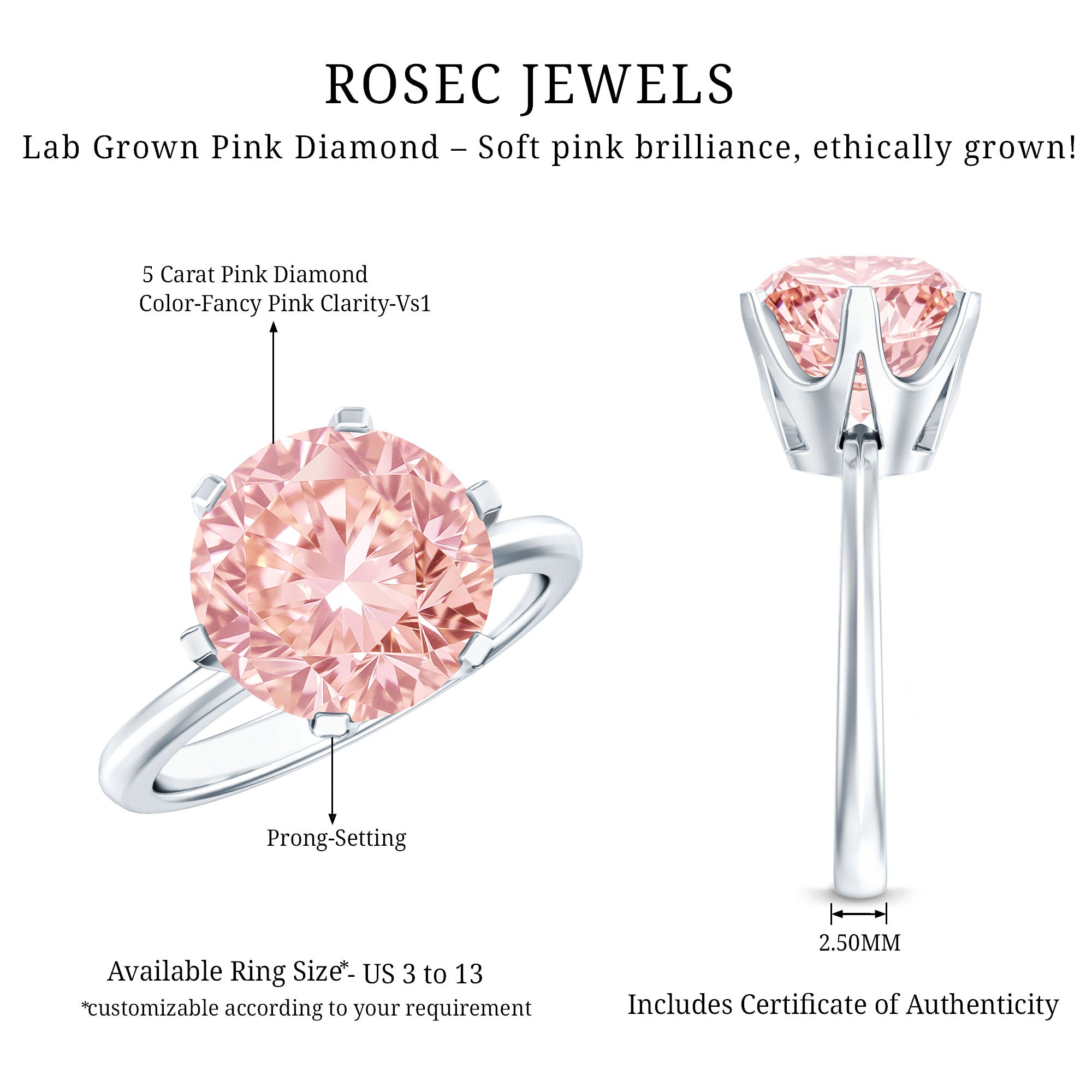 Rosec Jewels-Round 5 Carat Lab Grown Pink Diamond Solitaire Engagement Ring with IGI Certificate