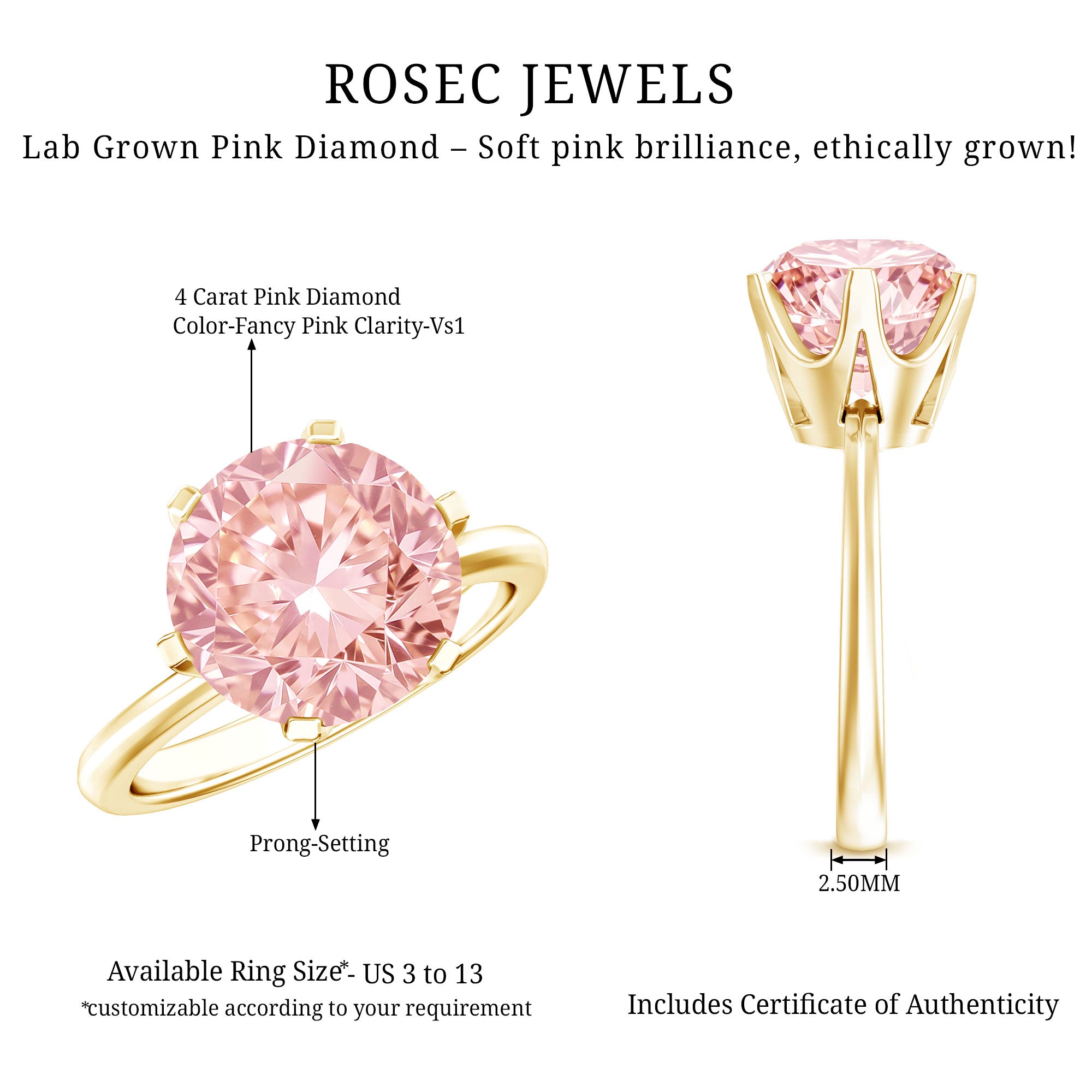 Rosec Jewels-Lab Grown 5 Carat Pink Diamond Solitaire Engagement Ring with IGI Certificate