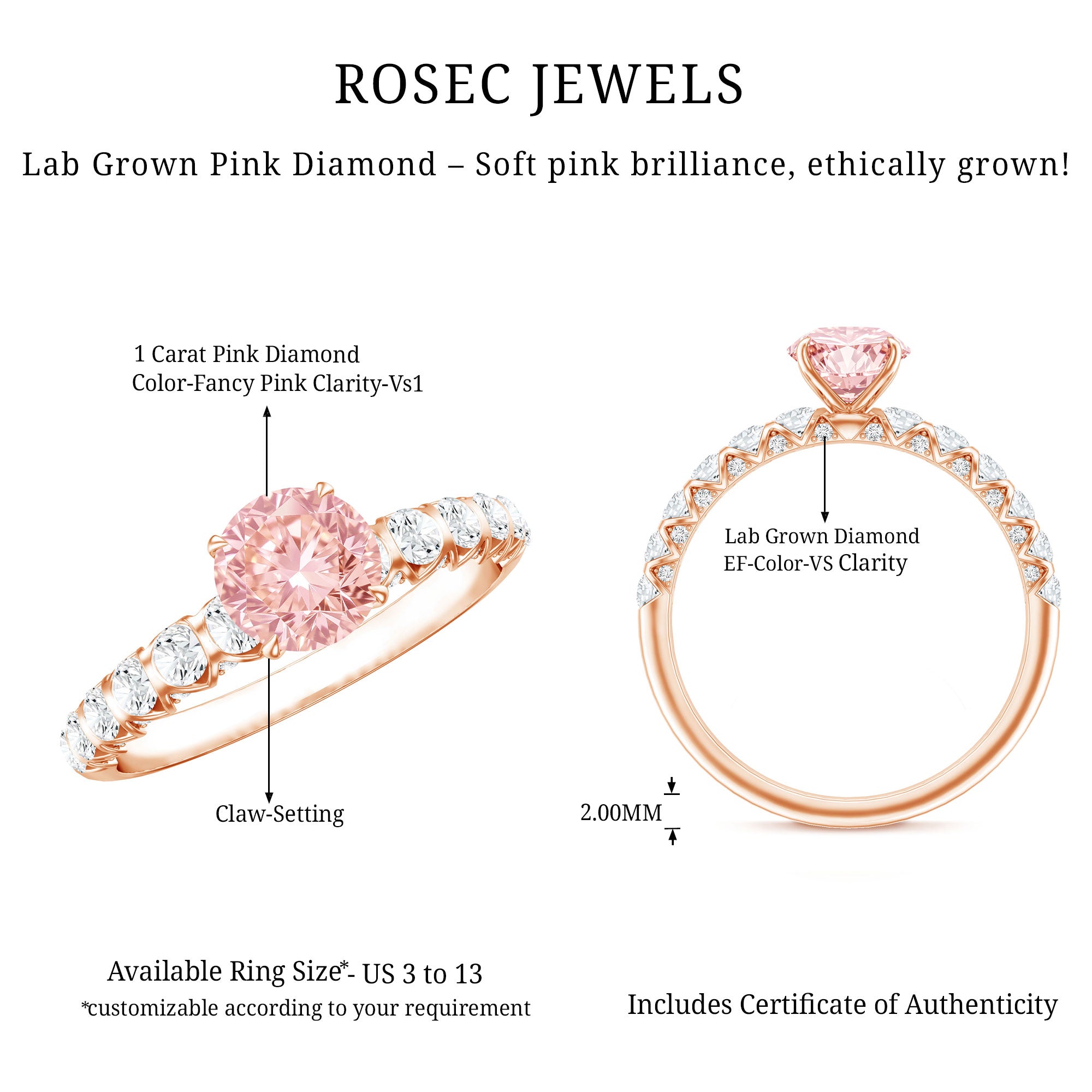 Rosec Jewels-IGI Certified 1 Carat Lab Grown Pink and White Diamond Engagement Ring with Side Stones