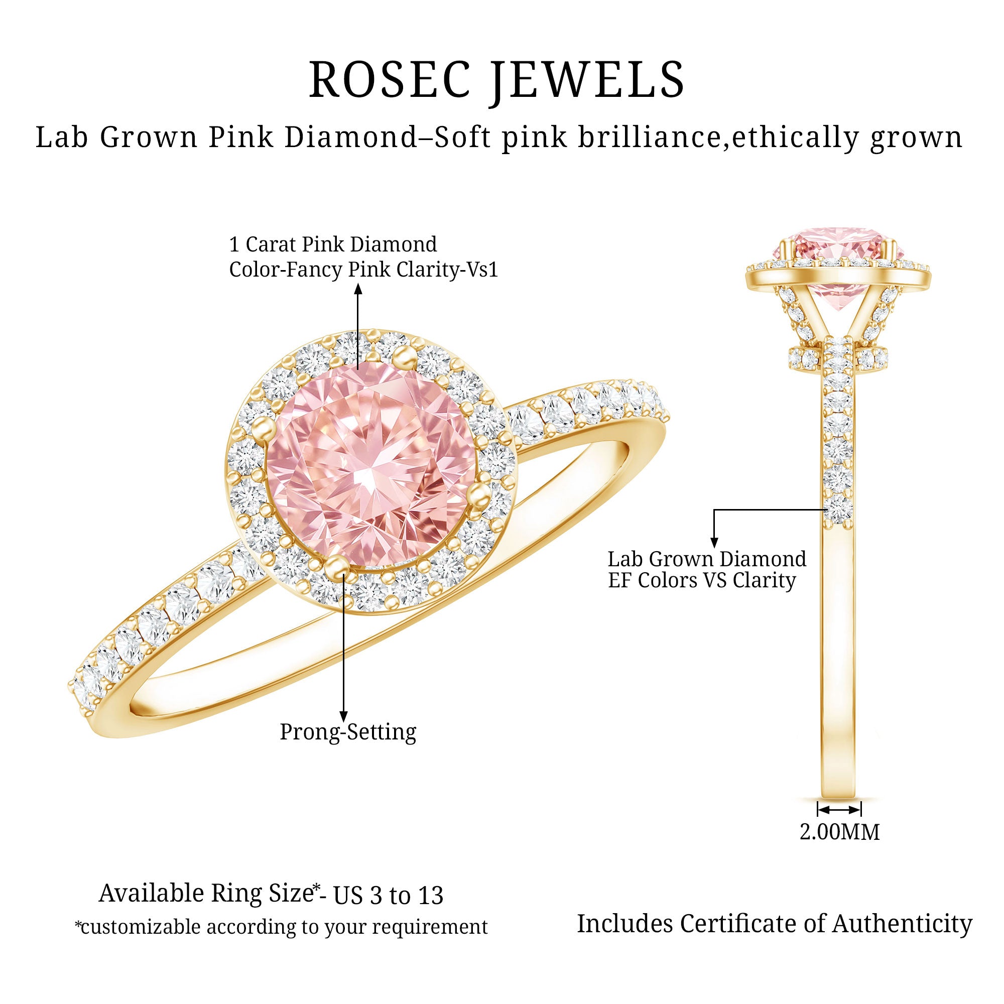 Rosec Jewels-IGI Certified Lab Grown Pink and White Diamond 1 Carat Engagement Ring
