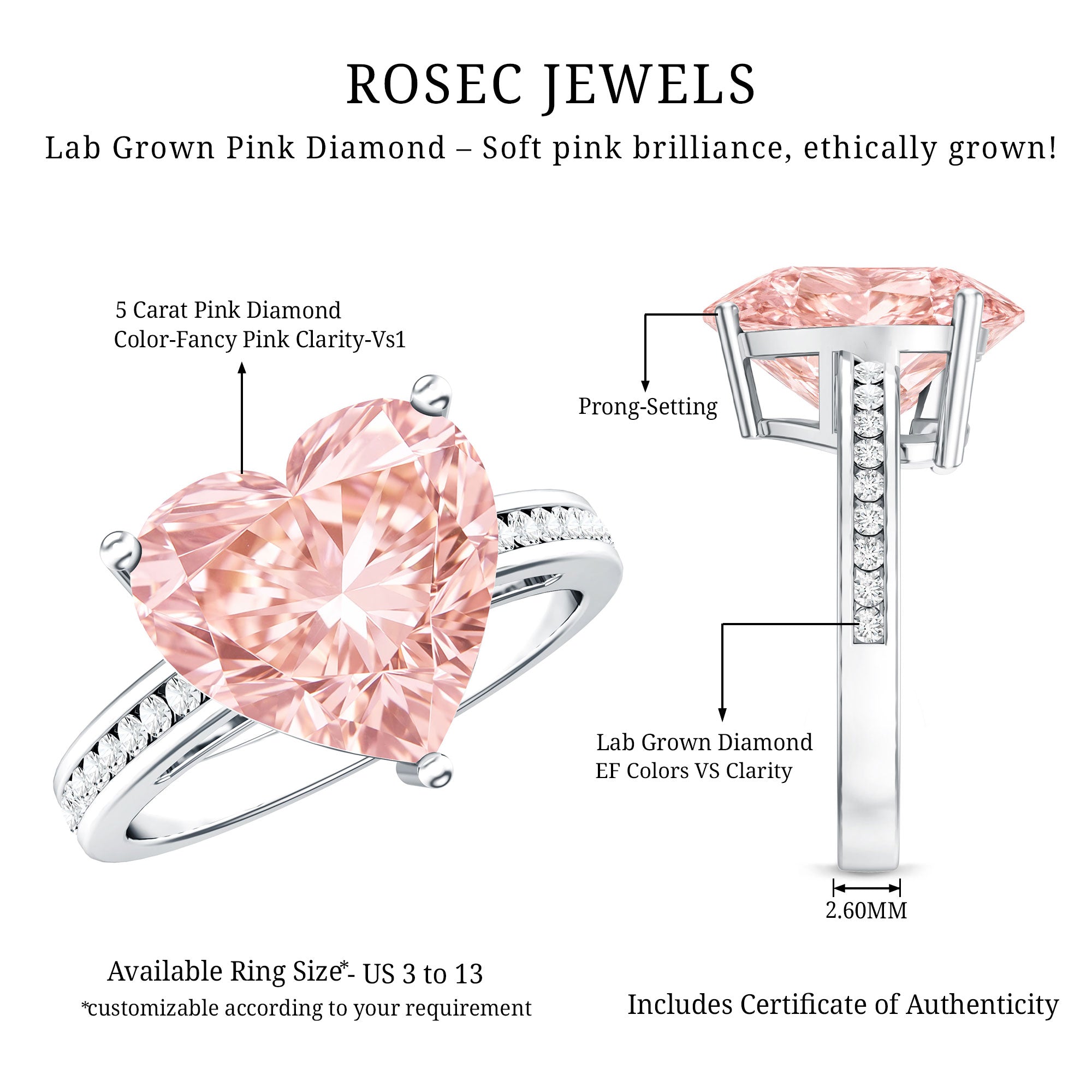 Rosec Jewels-IGI Certified 5 Carat Lab Grown Pink Diamond Heart Solitaire Engagement Ring