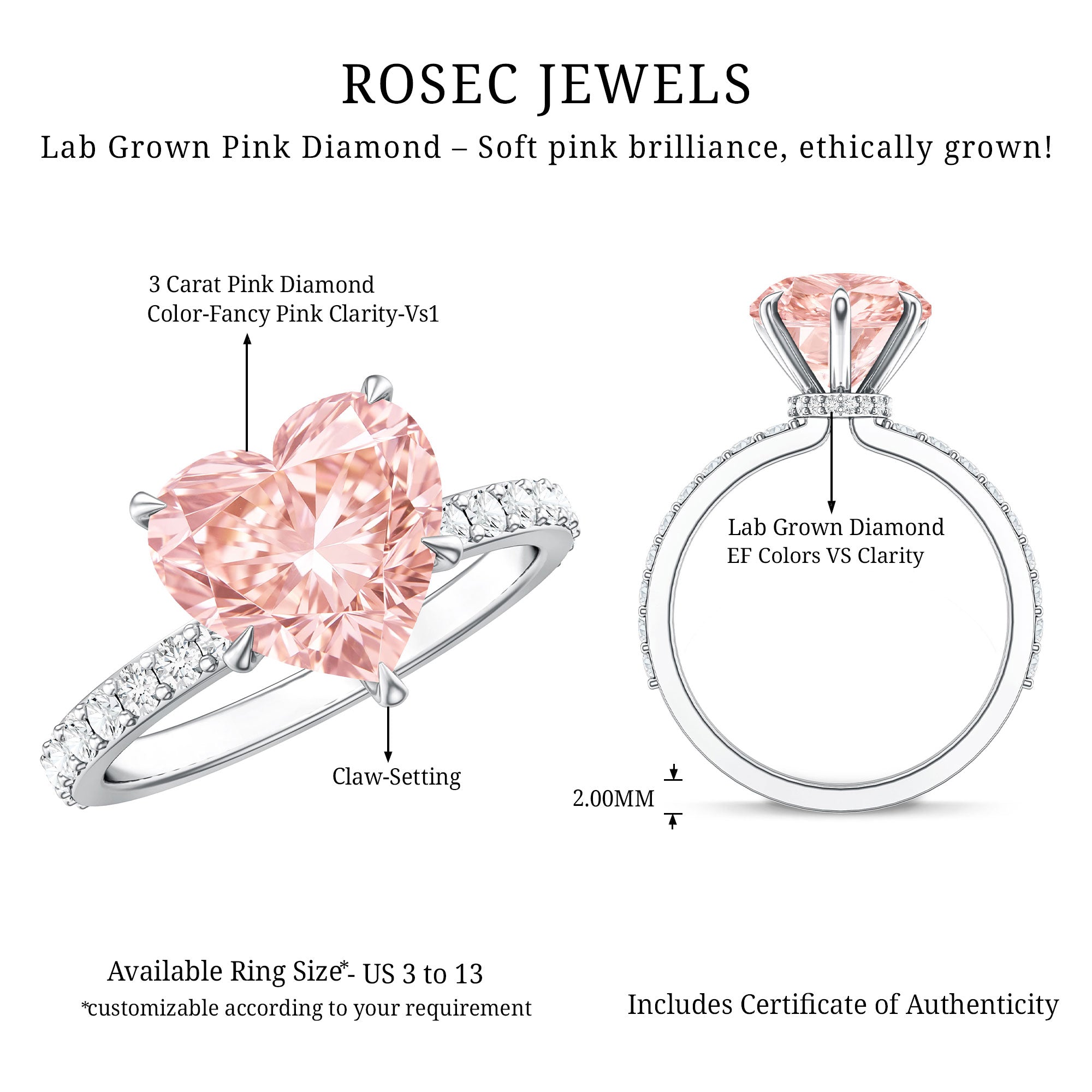 3 Carat Lab Grown Diamond Pink Heart Engagement Ring with IGI Certificate Fancy Pink - VS1 - Rosec Jewels