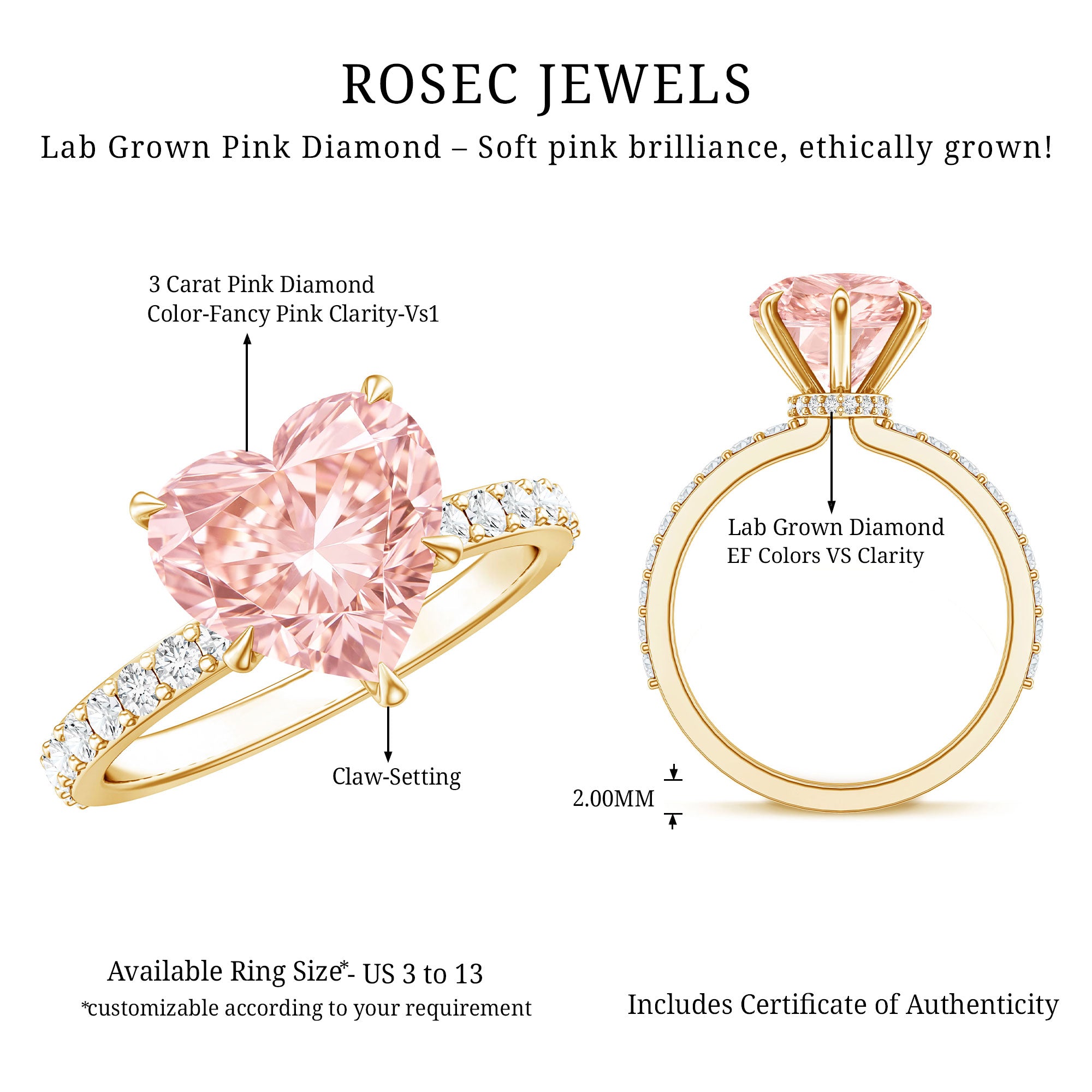 3 Carat Lab Grown Diamond Pink Heart Engagement Ring with IGI Certificate Fancy Pink - VS1 - Rosec Jewels
