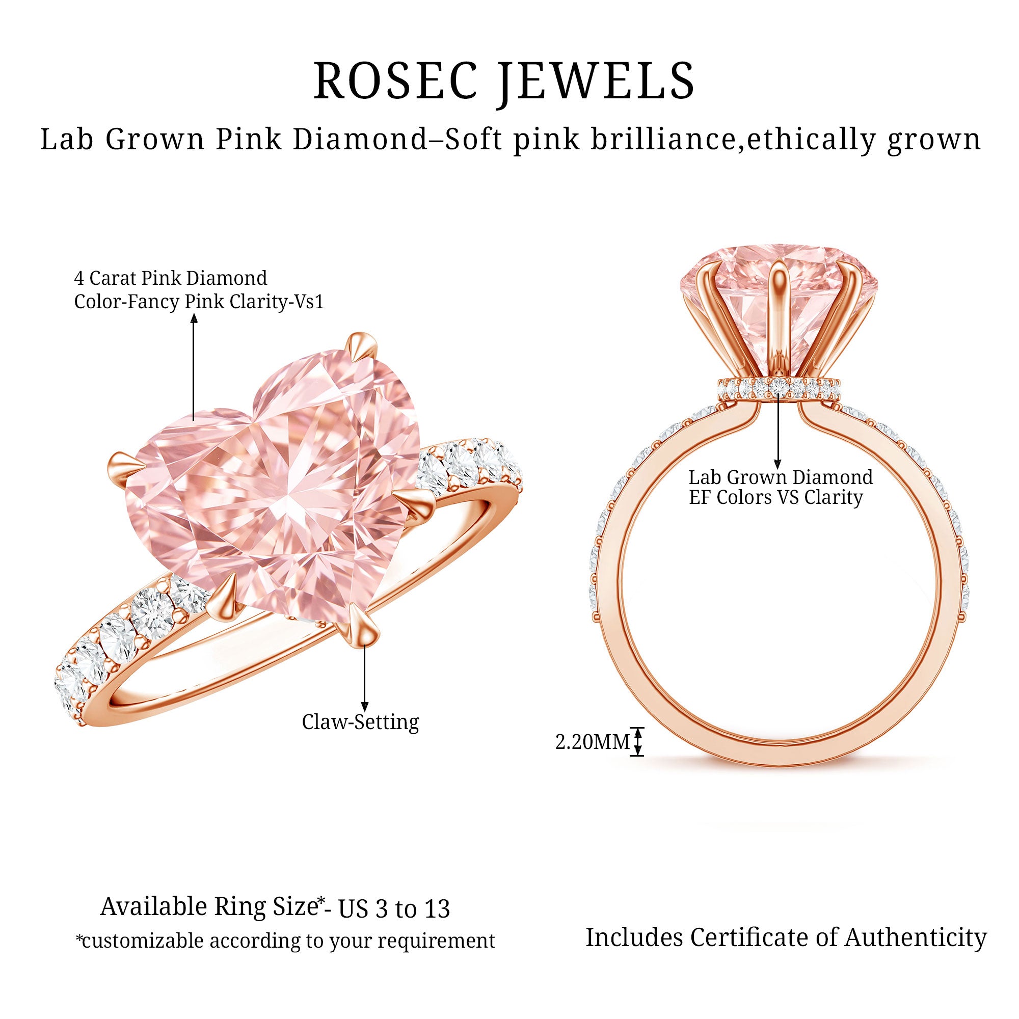 IGI Certified 4 Ct Lab Grown Pink Diamond Heart Engagement Ring with Hidden Halo Fancy Pink - VS1 - Rosec Jewels