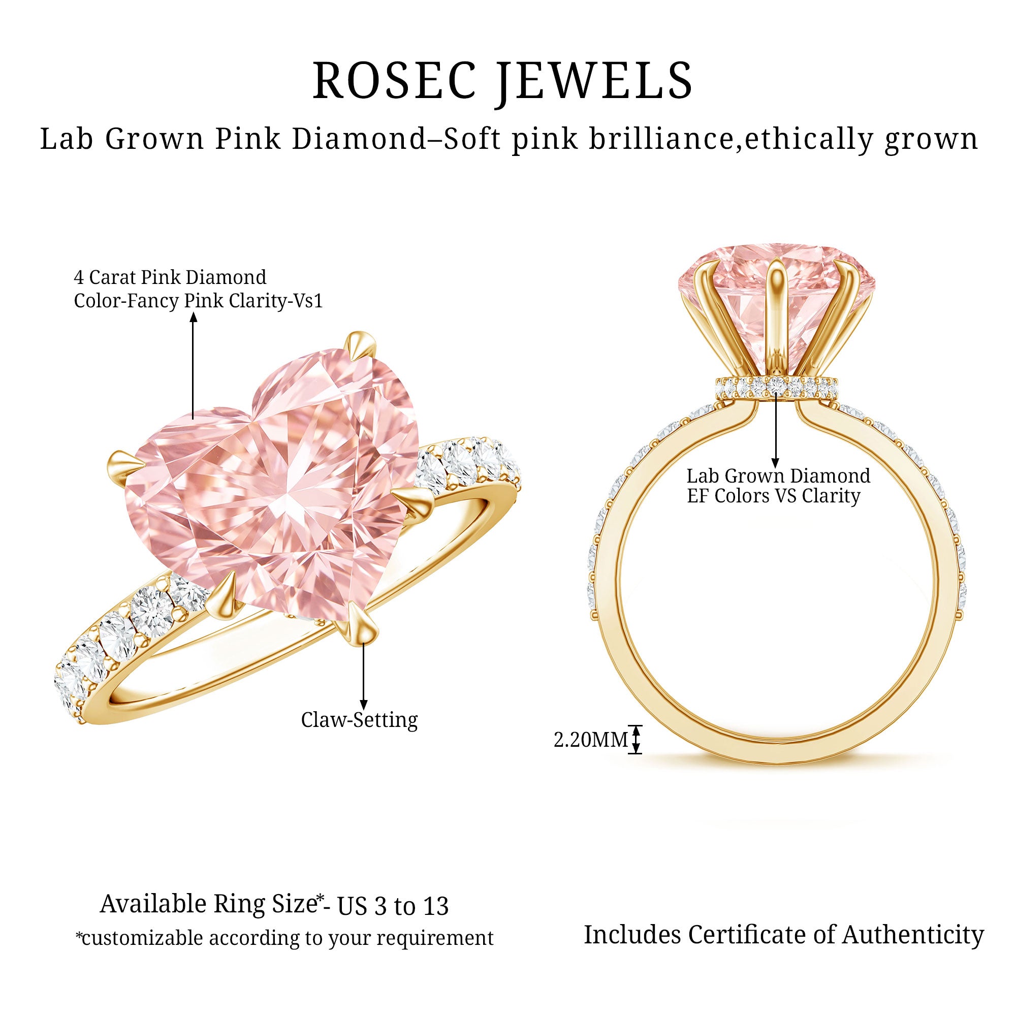 IGI Certified 4 Ct Lab Grown Pink Diamond Heart Engagement Ring with Hidden Halo Fancy Pink - VS1 - Rosec Jewels