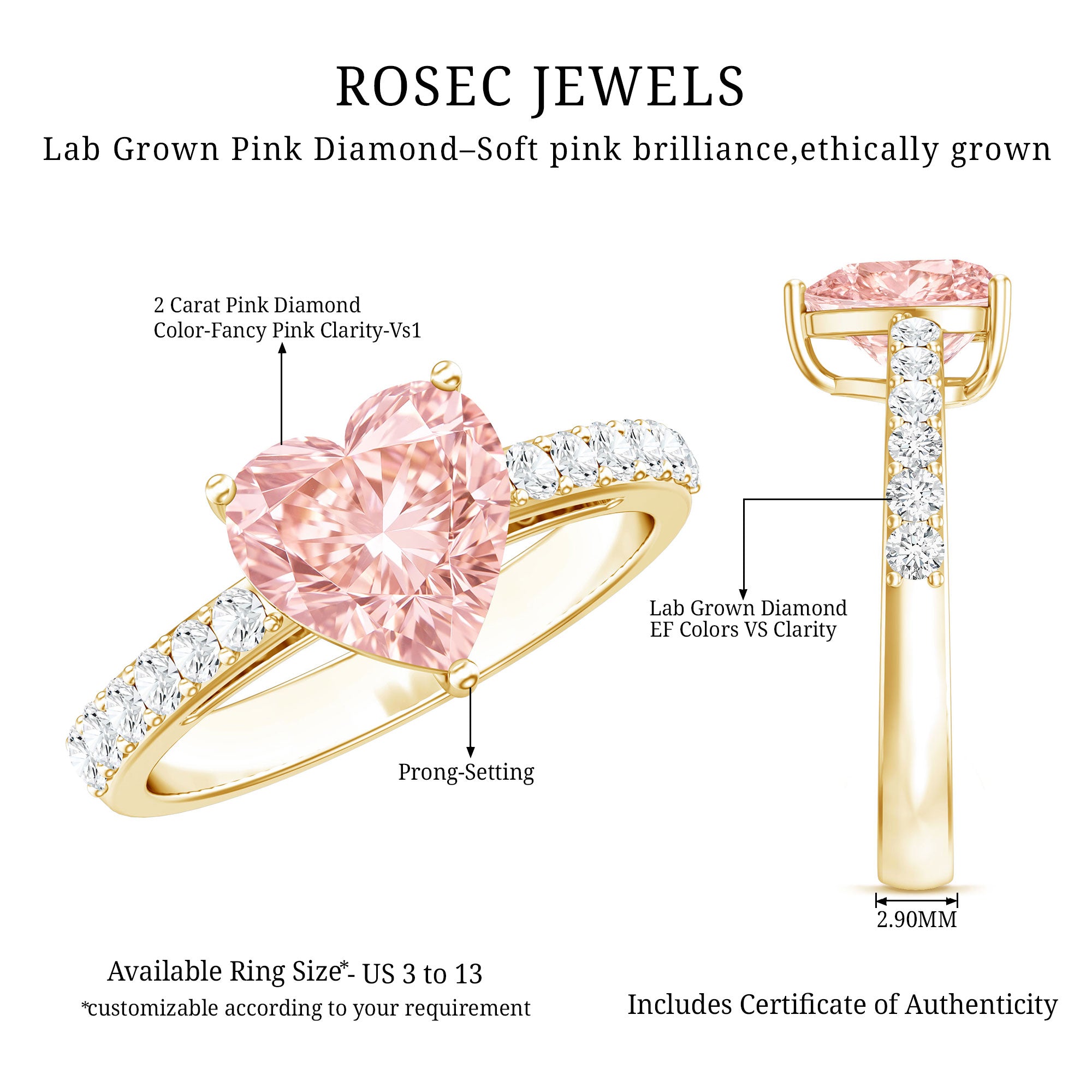 Lab Grown 2 Carat Pink Diamond Heart Engagement Ring with IGI Certificate Fancy Pink - VS1 - Rosec Jewels