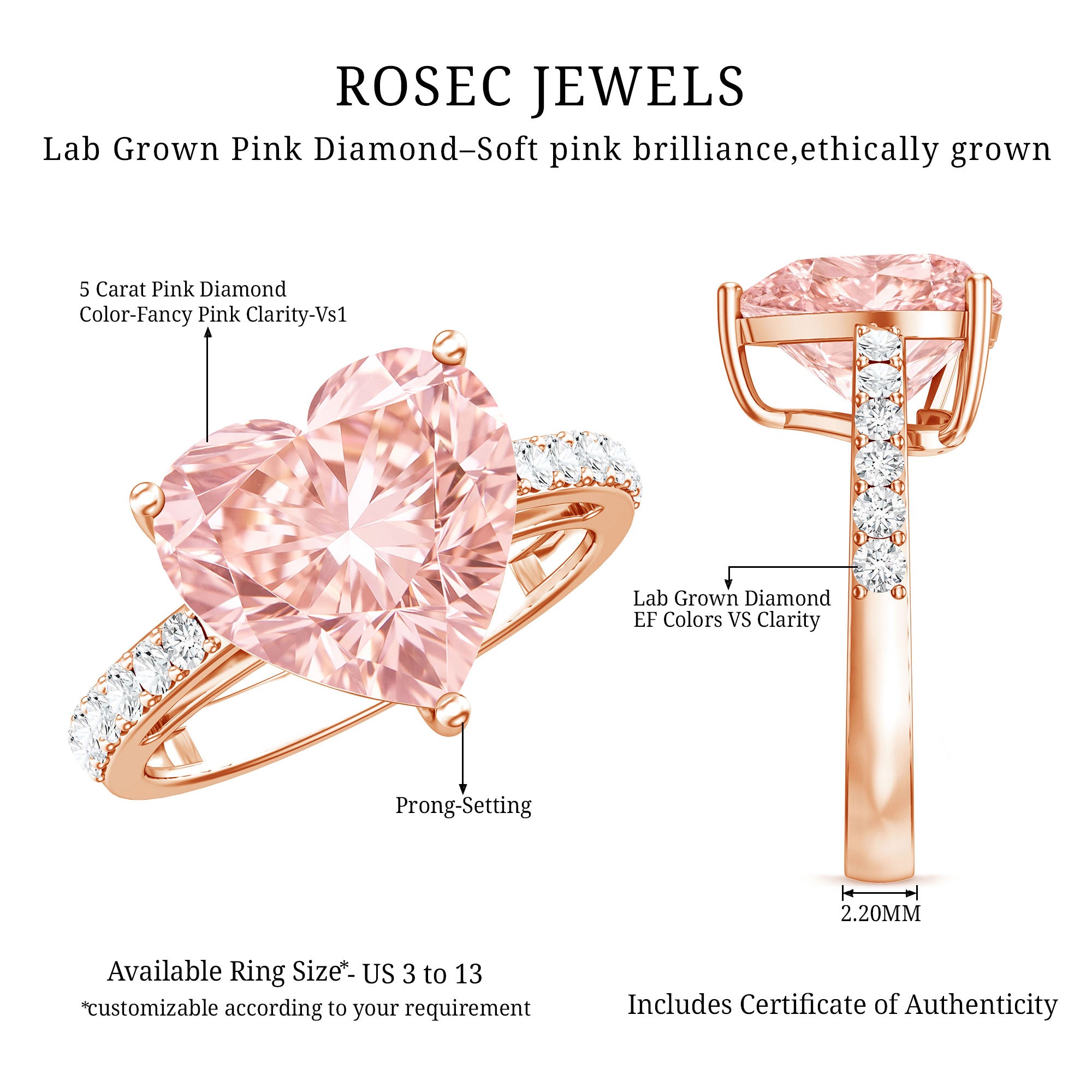 Lab Created 5 Carat Diamond Pink Heart Engagement Ring with IGI Certificate Fancy Pink - VS1 - Rosec Jewels