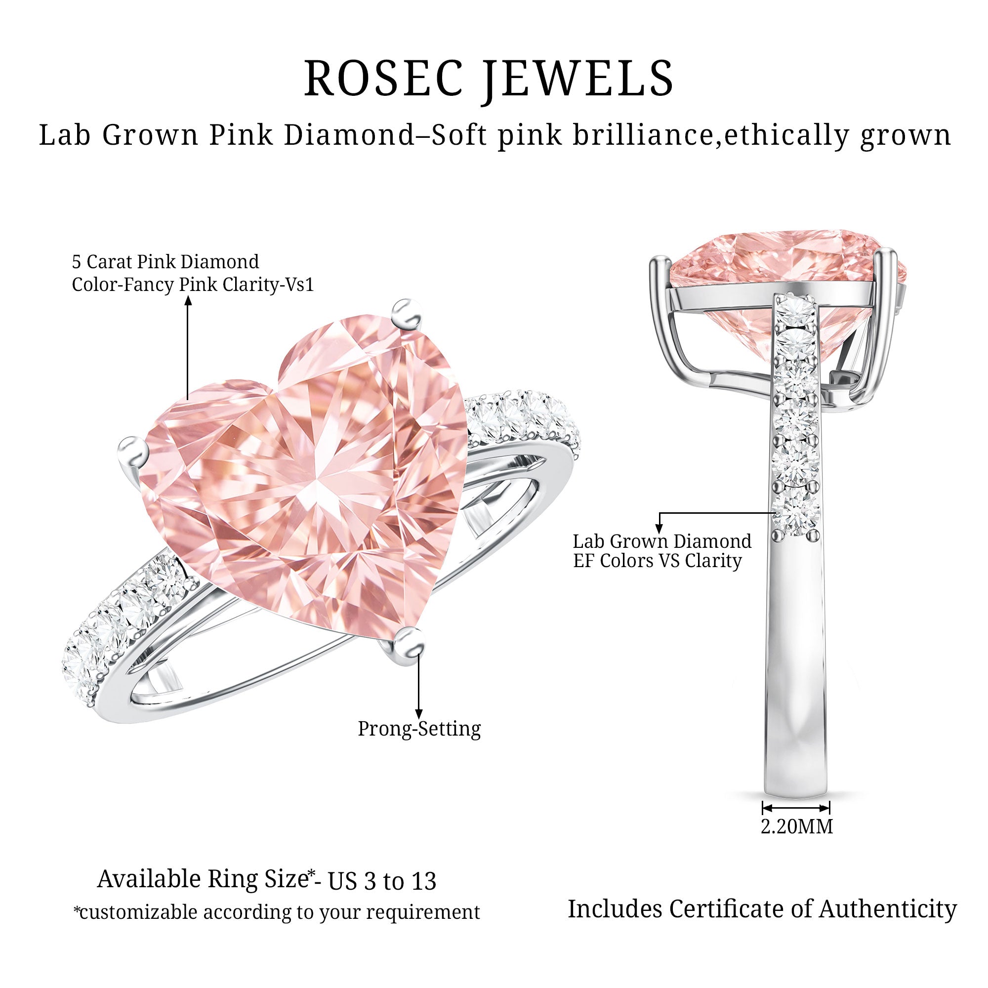 Lab Created 5 Carat Diamond Pink Heart Engagement Ring with IGI Certificate Fancy Pink - VS1 - Rosec Jewels