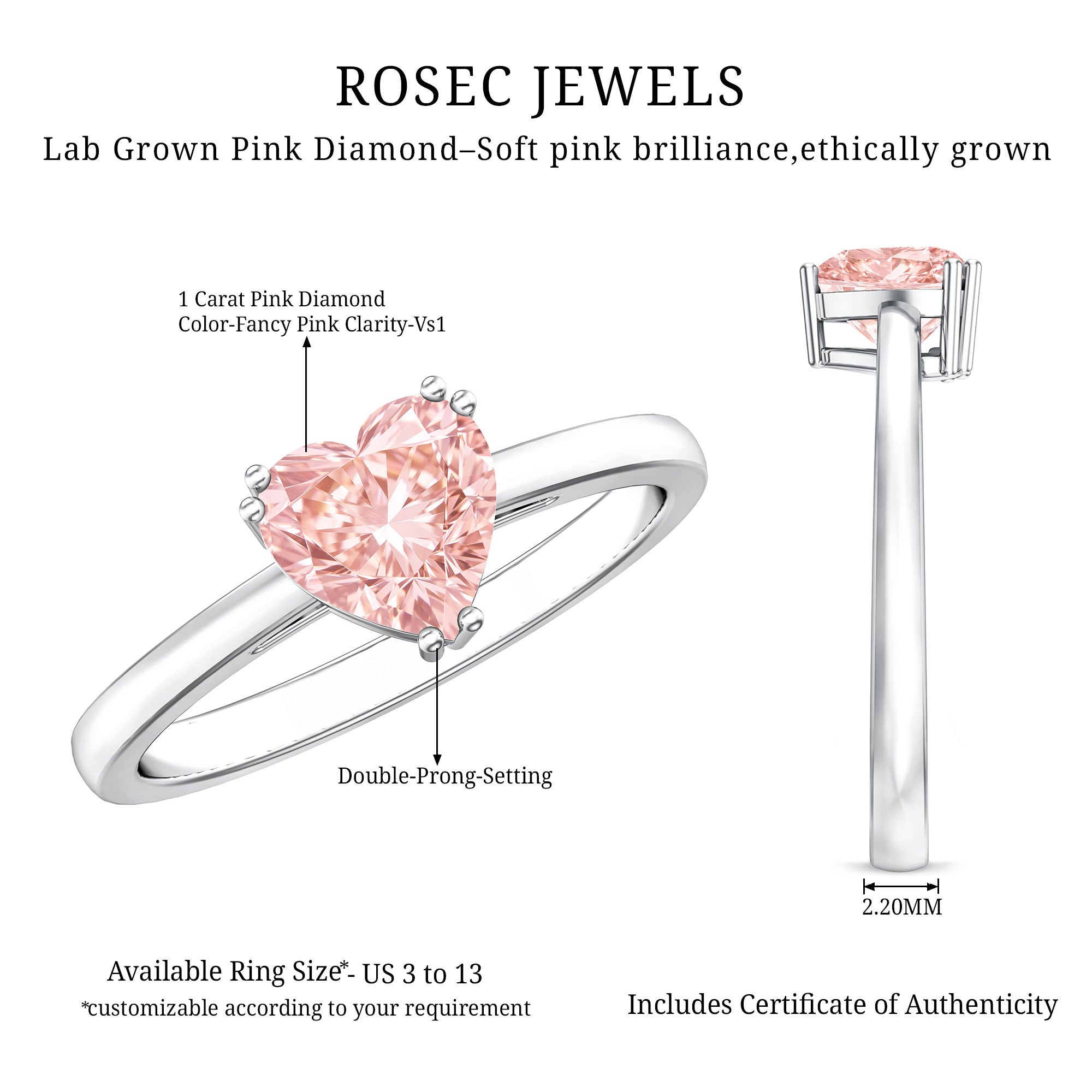 Lab Grown 1 Carat Pink Diamond Solitaire Promise Ring with IGI Certificate Fancy Pink - VS1 - Rosec Jewels