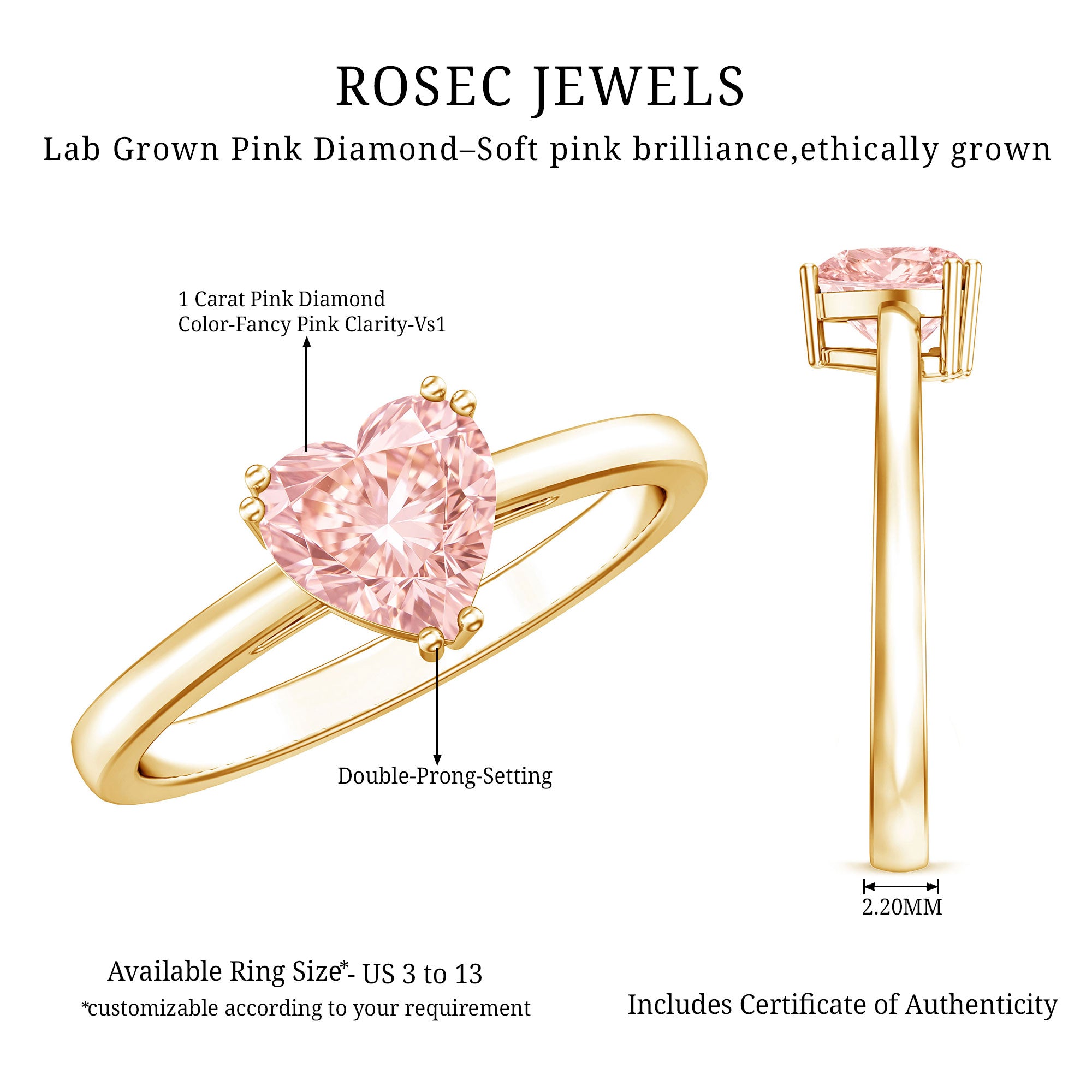 Lab Grown 1 Carat Pink Diamond Solitaire Promise Ring with IGI Certificate Fancy Pink - VS1 - Rosec Jewels