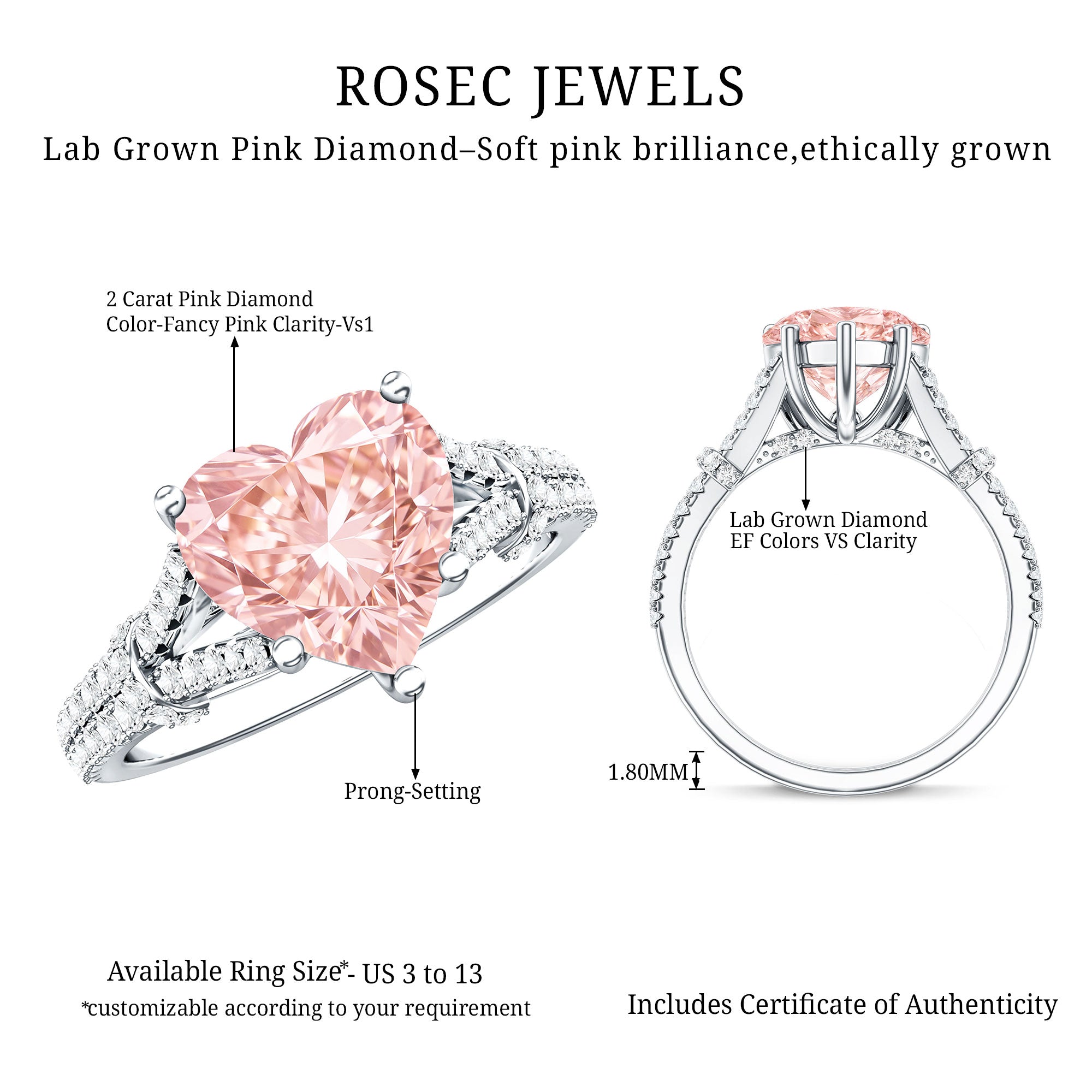 2 Carat IGI Certified Lab Grown Pink Diamond Heart Engagement Ring with Split Shank Fancy Pink - VS1 - Rosec Jewels