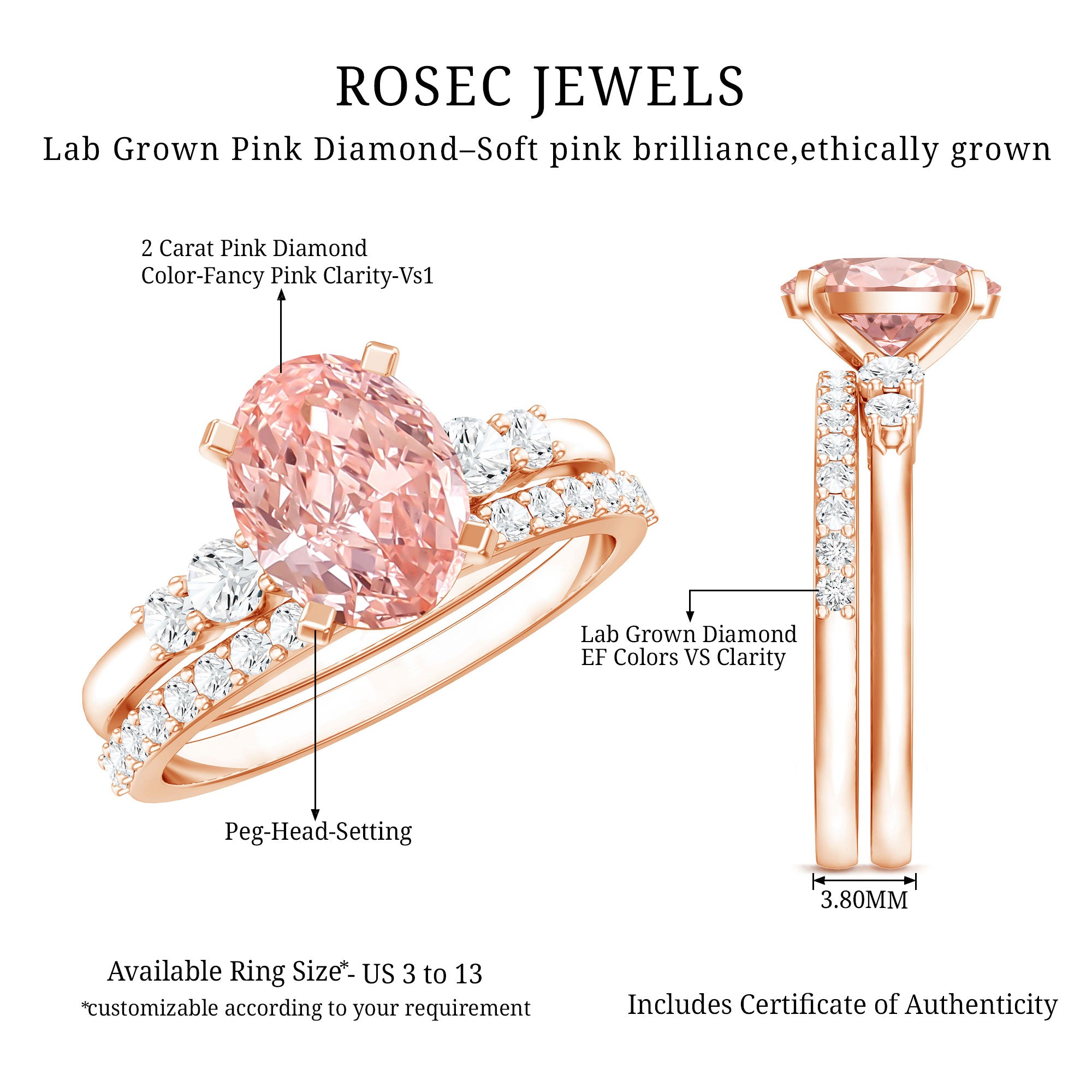Rosec Jewels-2 Carat Lab Grown Pink Diamond Oval Bridal Ring Set with IGI Certificate