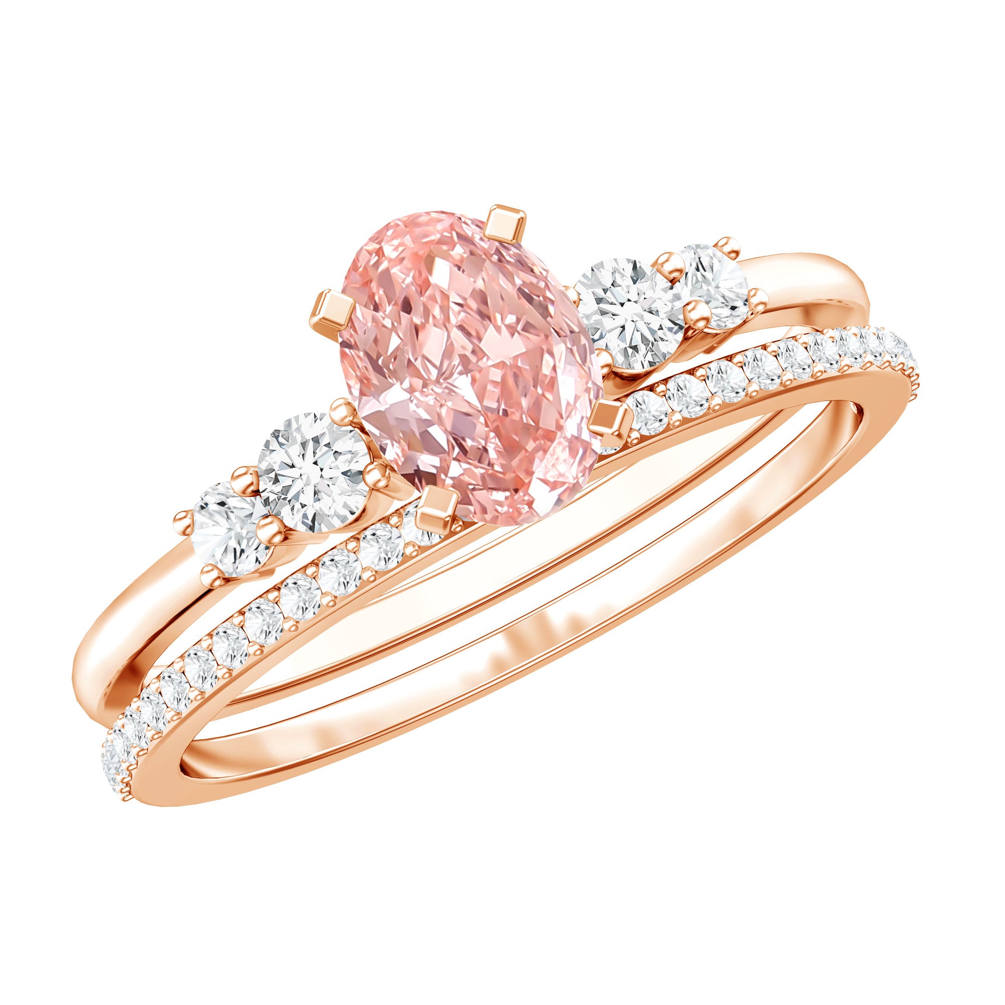 Rosec Jewels-IGI Certified 1 Carat Lab Grown Pink and White Diamond Oval Engagement Ring Set