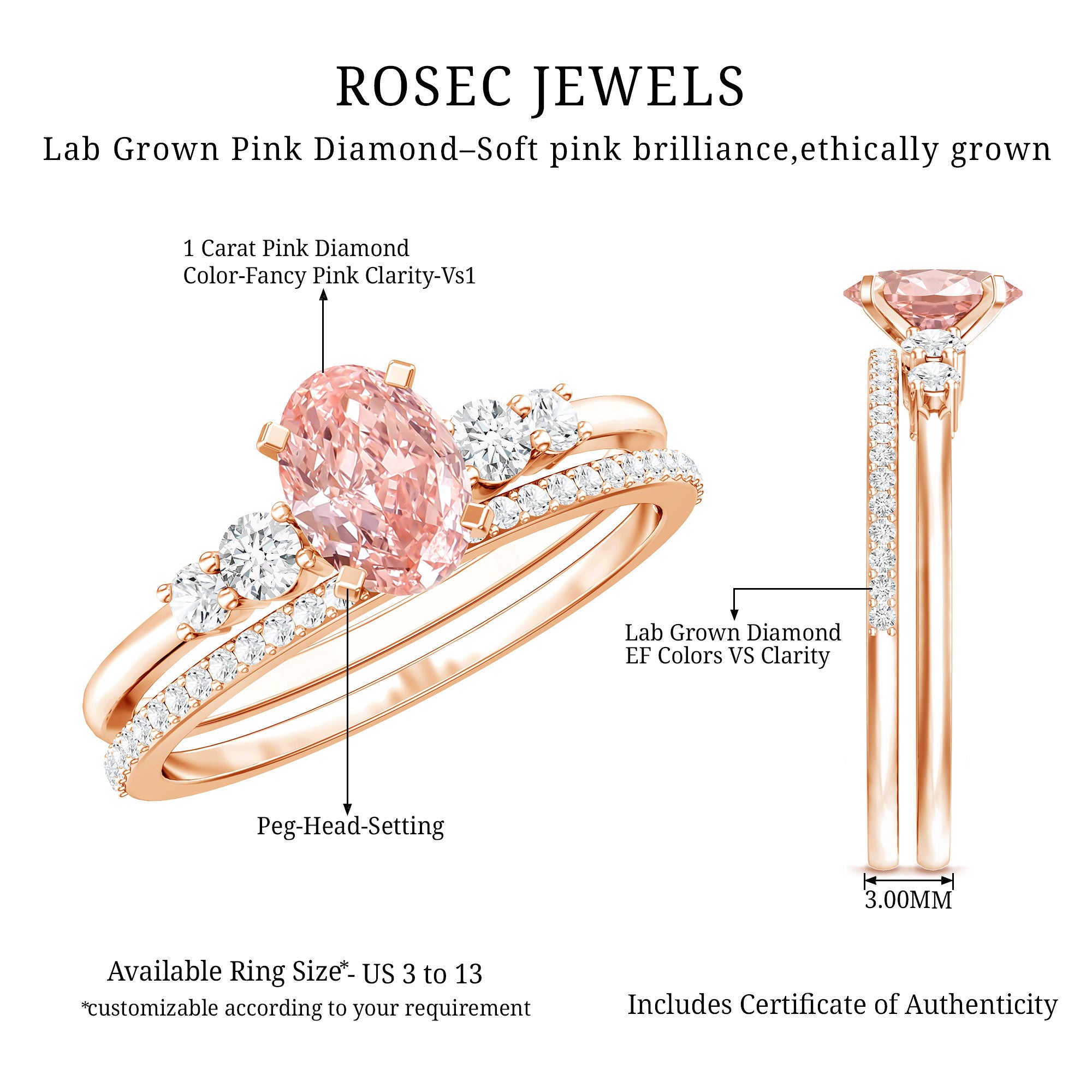Rosec Jewels-IGI Certified 1 Carat Lab Grown Pink and White Diamond Oval Engagement Ring Set