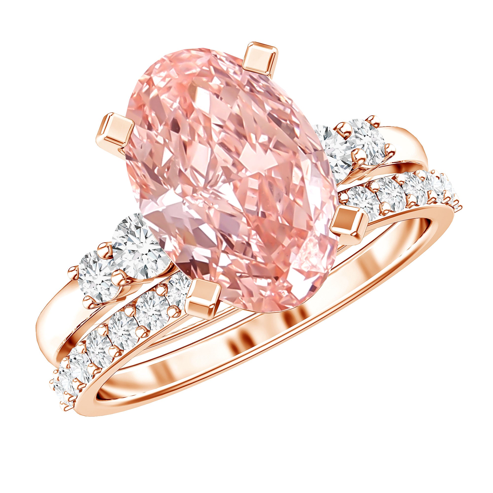 Rosec Jewels-IGI Certified 3 Carat Oval Shape Lab Pink Diamond Wedding Bridal Ring Set of 2