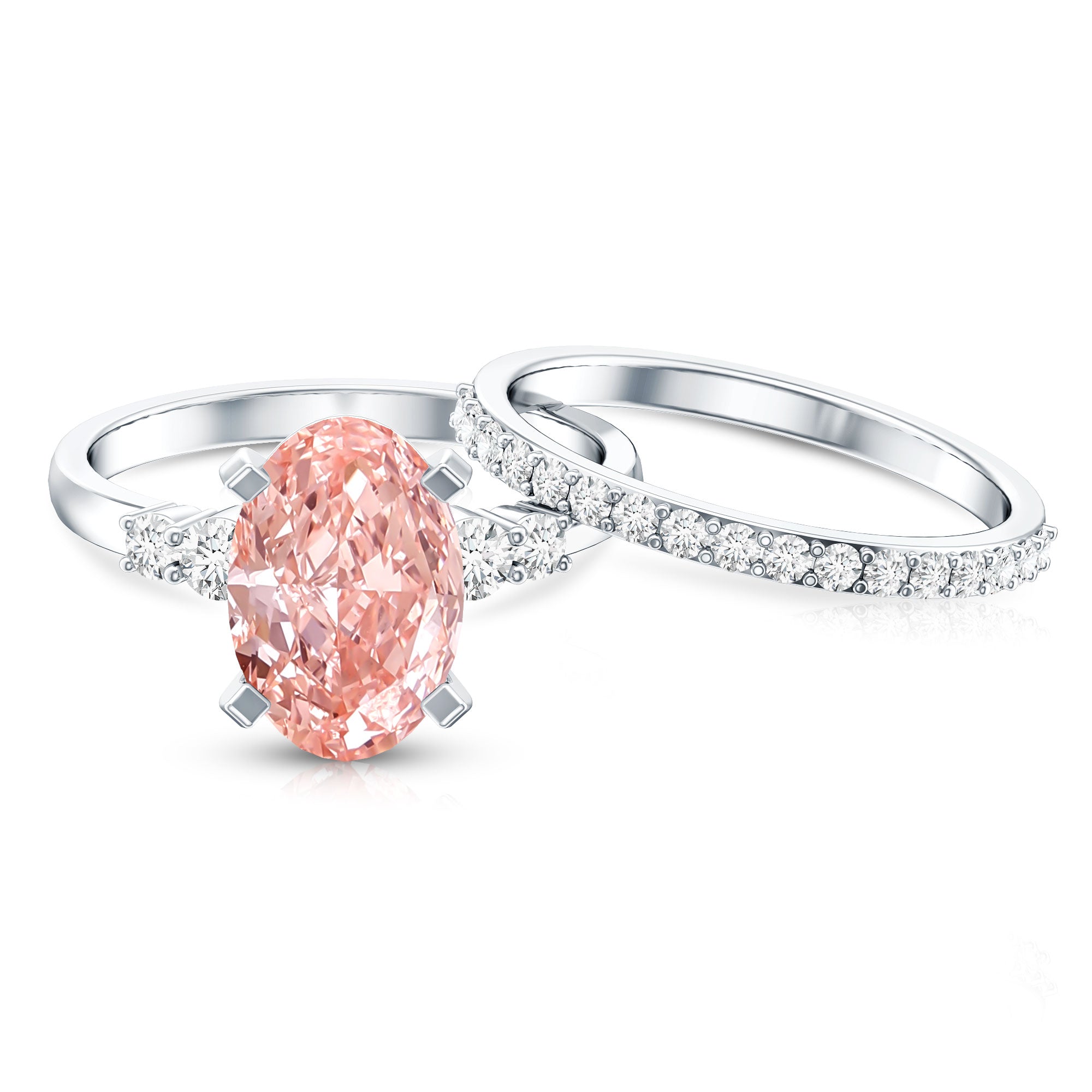 Rosec Jewels-IGI Certified 3 Carat Oval Shape Lab Pink Diamond Wedding Bridal Ring Set of 2