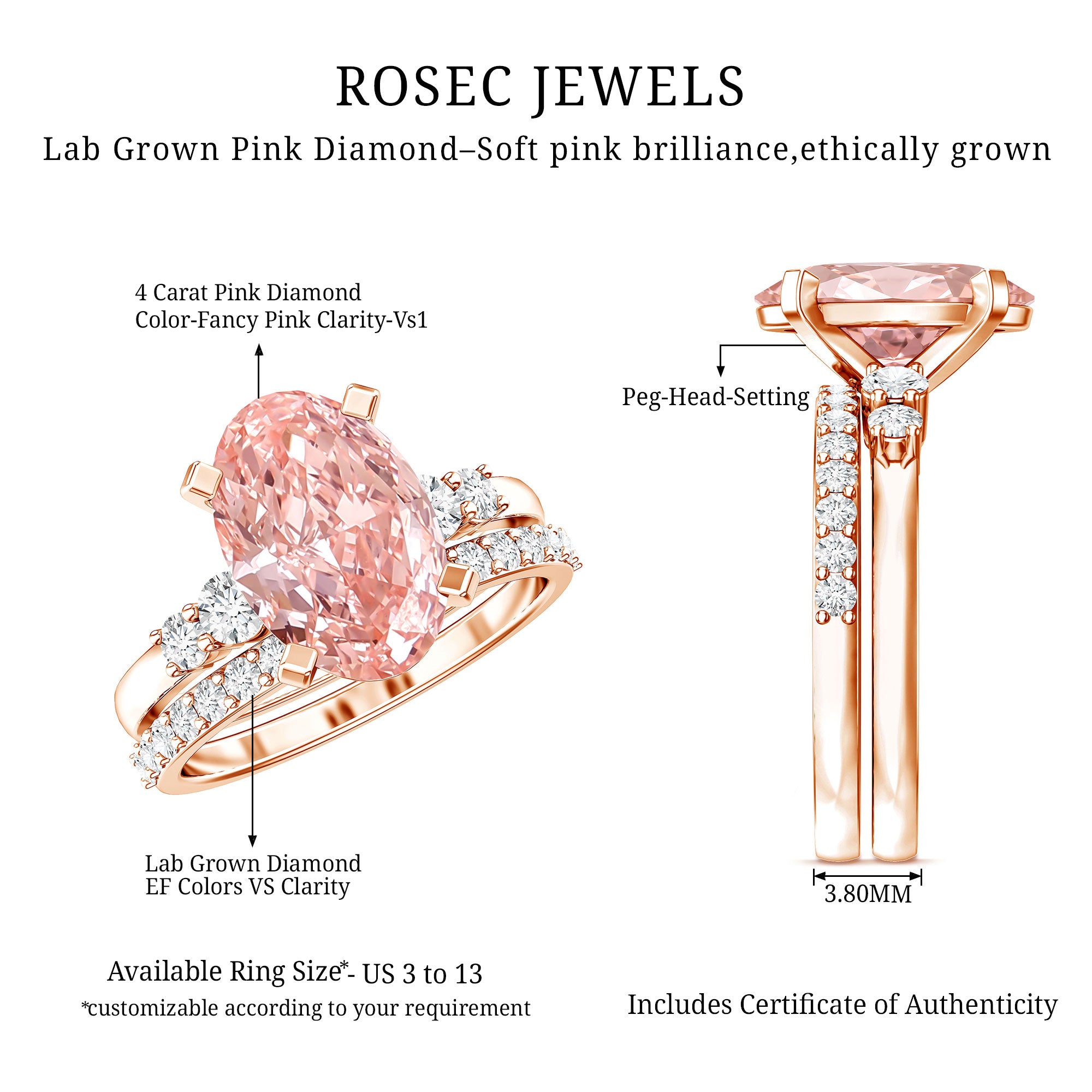 Rosec Jewels-IGI Certified 4 Carat Lab Grown Pink Diamond Oval Engagement Ring with Band