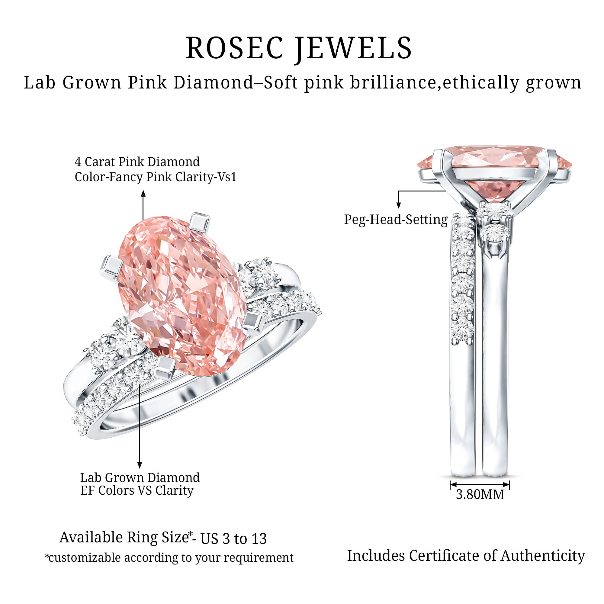 Rosec Jewels-IGI Certified 4 Carat Lab Grown Pink Diamond Oval Engagement Ring with Band