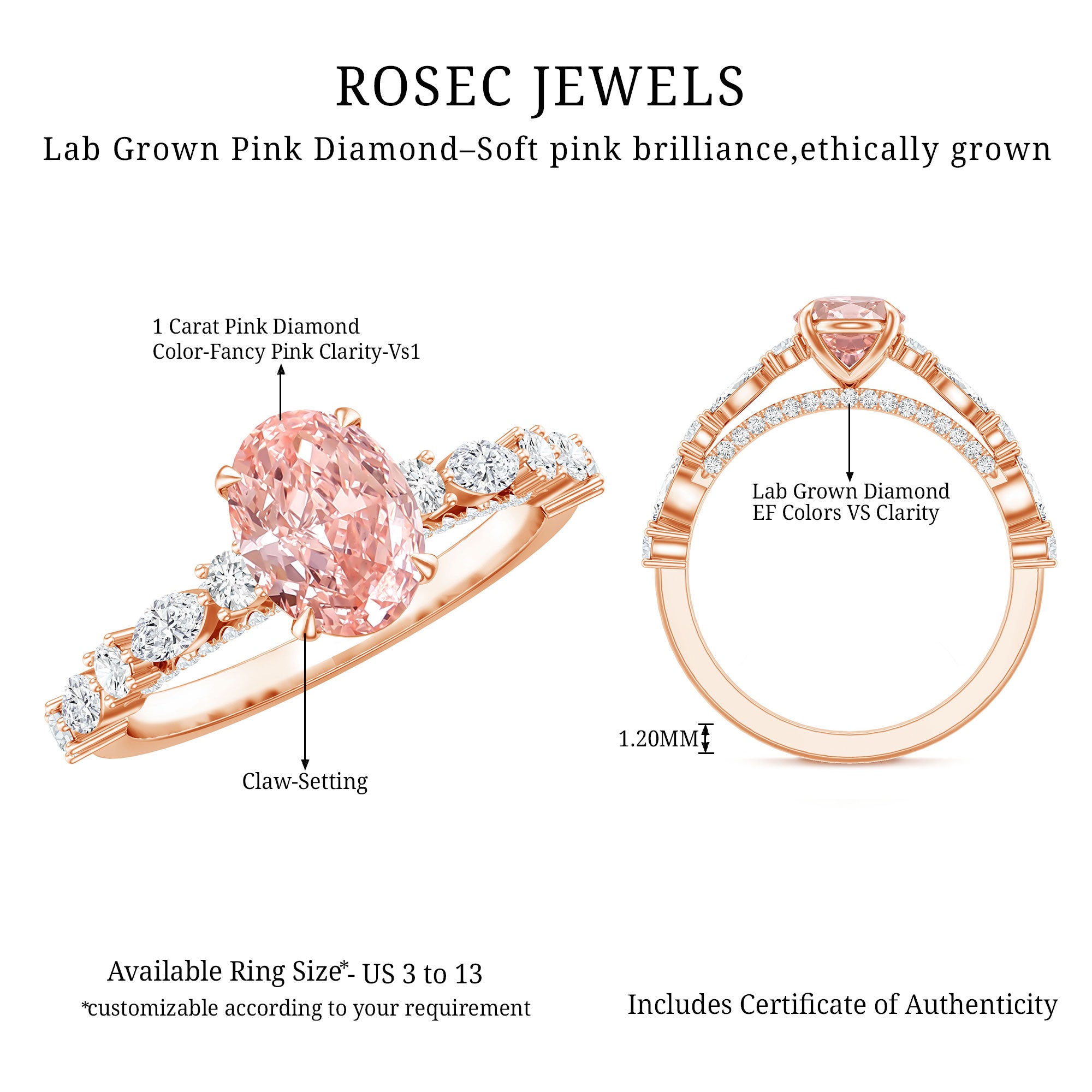 1 Carat Oval Lab Grown Pink Diamond Engagement Ring IGI Certified Fancy Pink - VS1 - Rosec Jewels