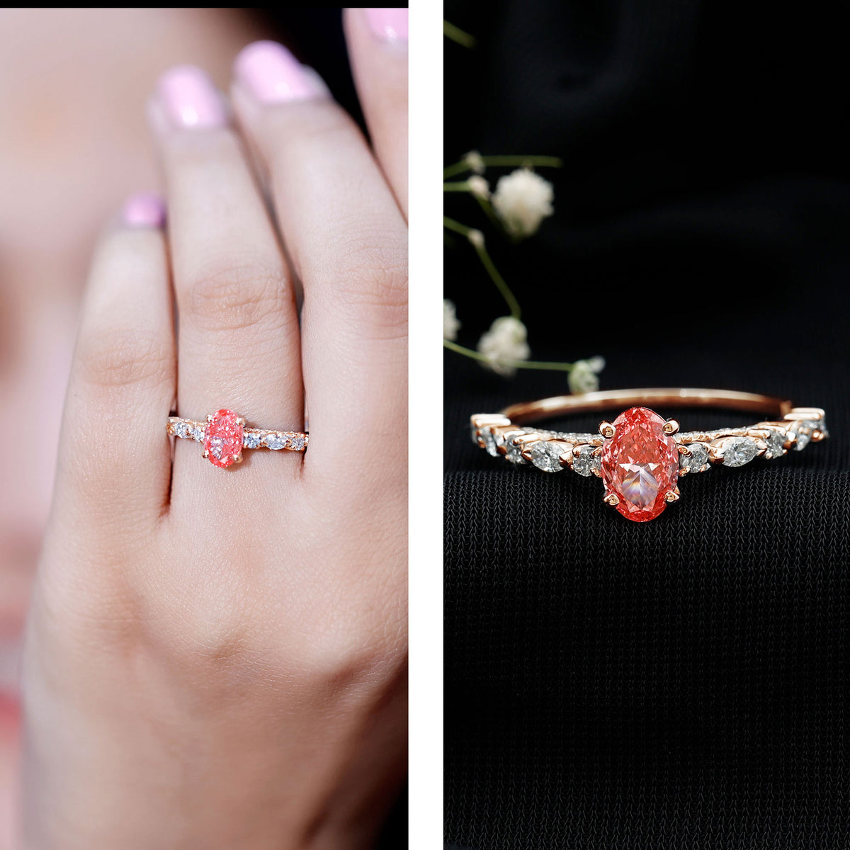 1 Carat Oval Lab Grown Pink Diamond Engagement Ring IGI Certified Fancy Pink - VS1 - Rosec Jewels