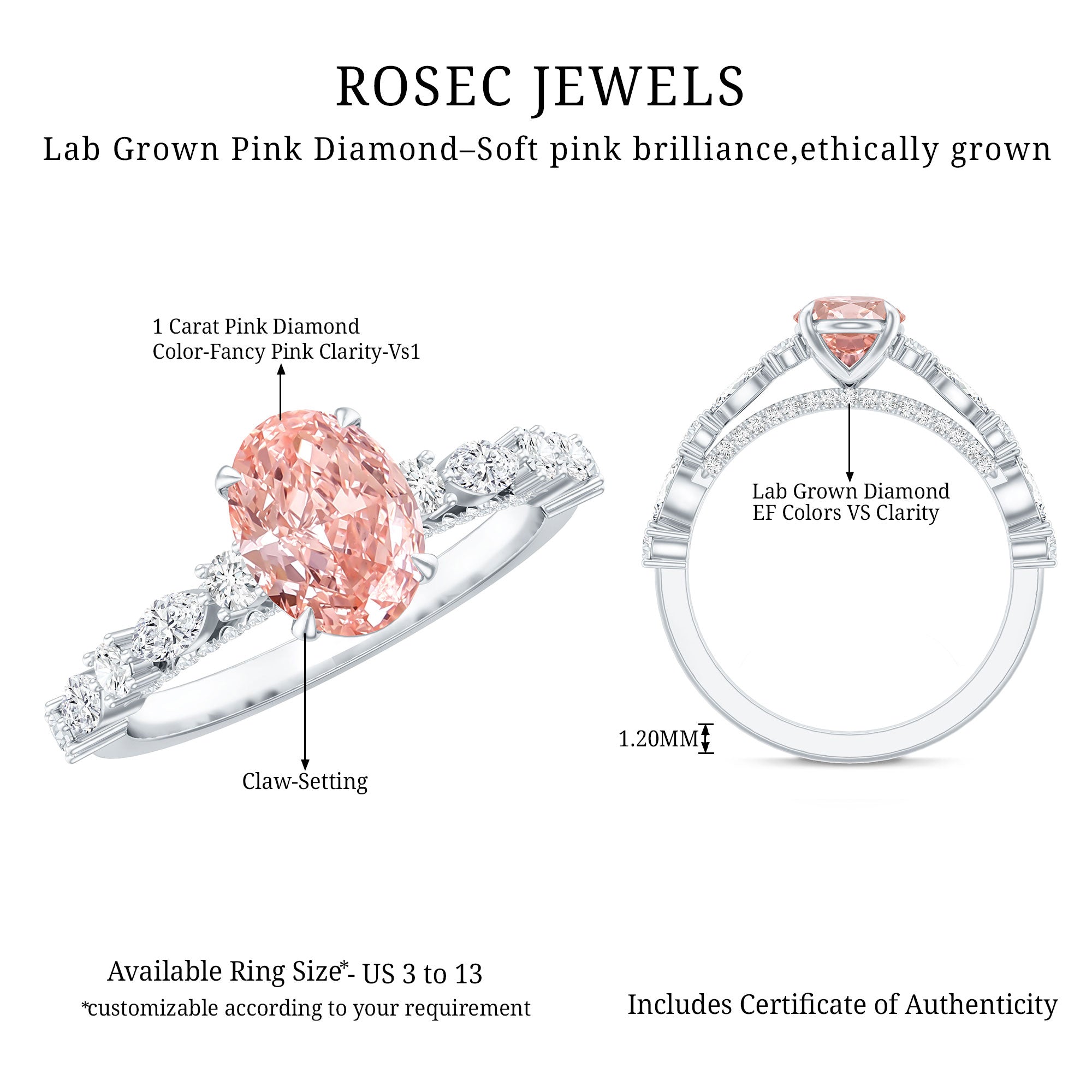 1 Carat Oval Lab Grown Pink Diamond Engagement Ring IGI Certified Fancy Pink - VS1 - Rosec Jewels