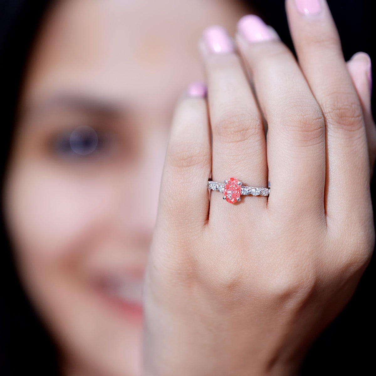 1 Carat Oval Lab Grown Pink Diamond Engagement Ring IGI Certified Fancy Pink - VS1 - Rosec Jewels