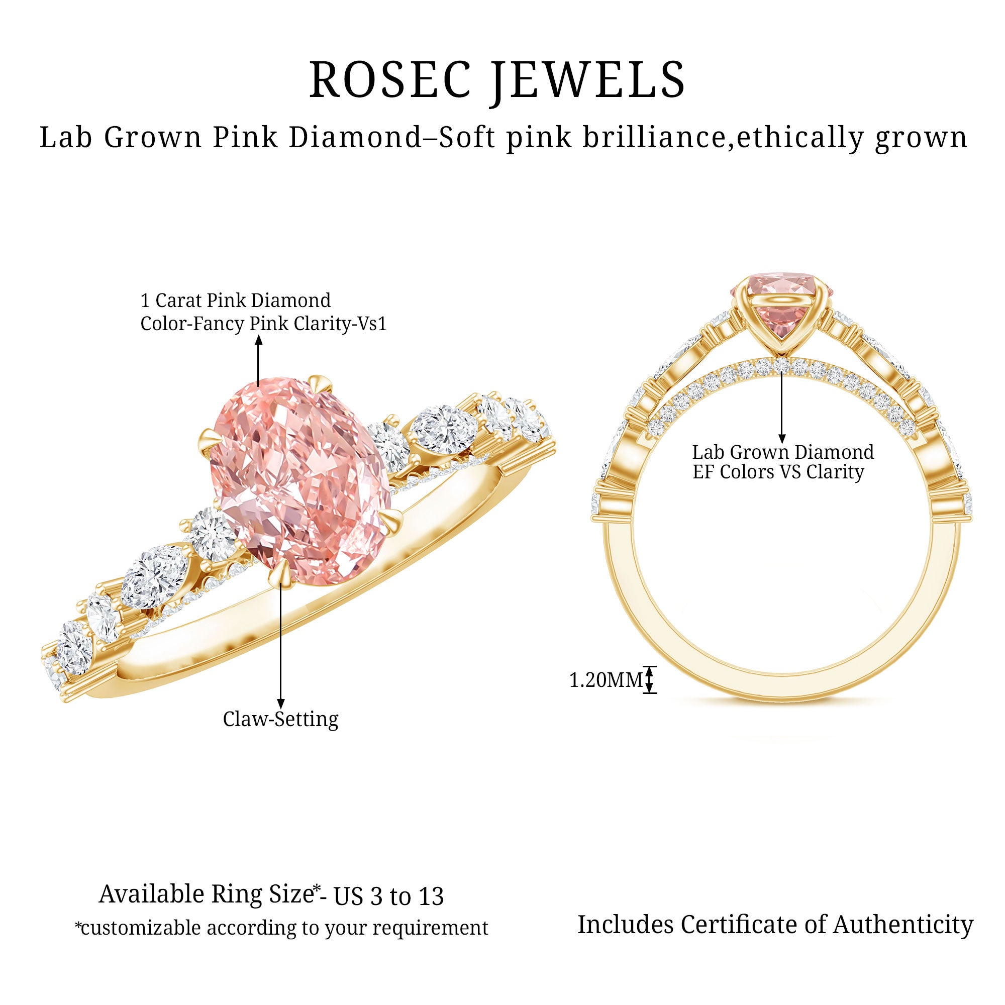 1 Carat Oval Lab Grown Pink Diamond Engagement Ring IGI Certified Fancy Pink - VS1 - Rosec Jewels